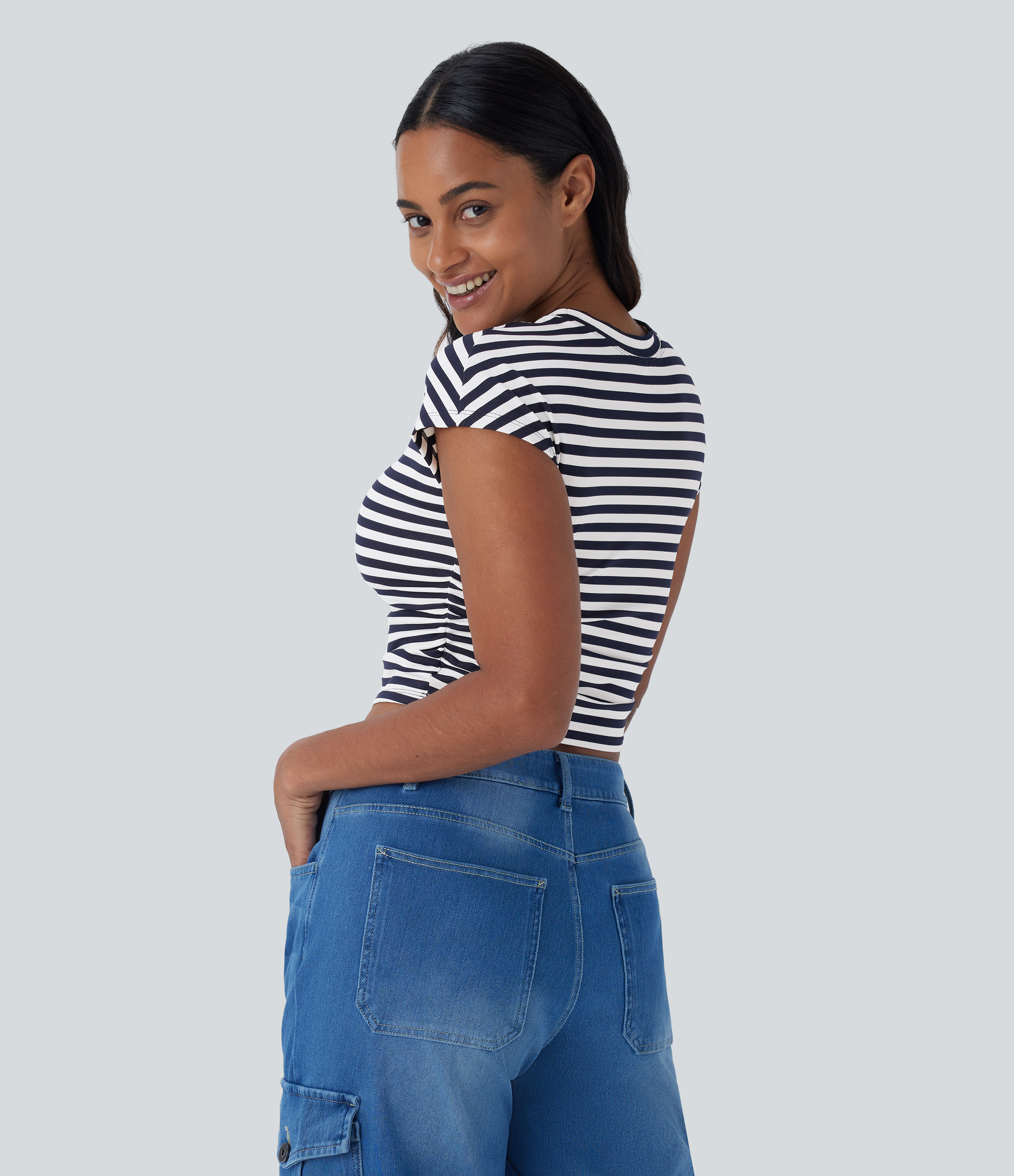 Halara Stripe Cap Sleeve Ruched Slim Cropped Waffle Casual Tee  - Blue White Horizontal Stripe - M 