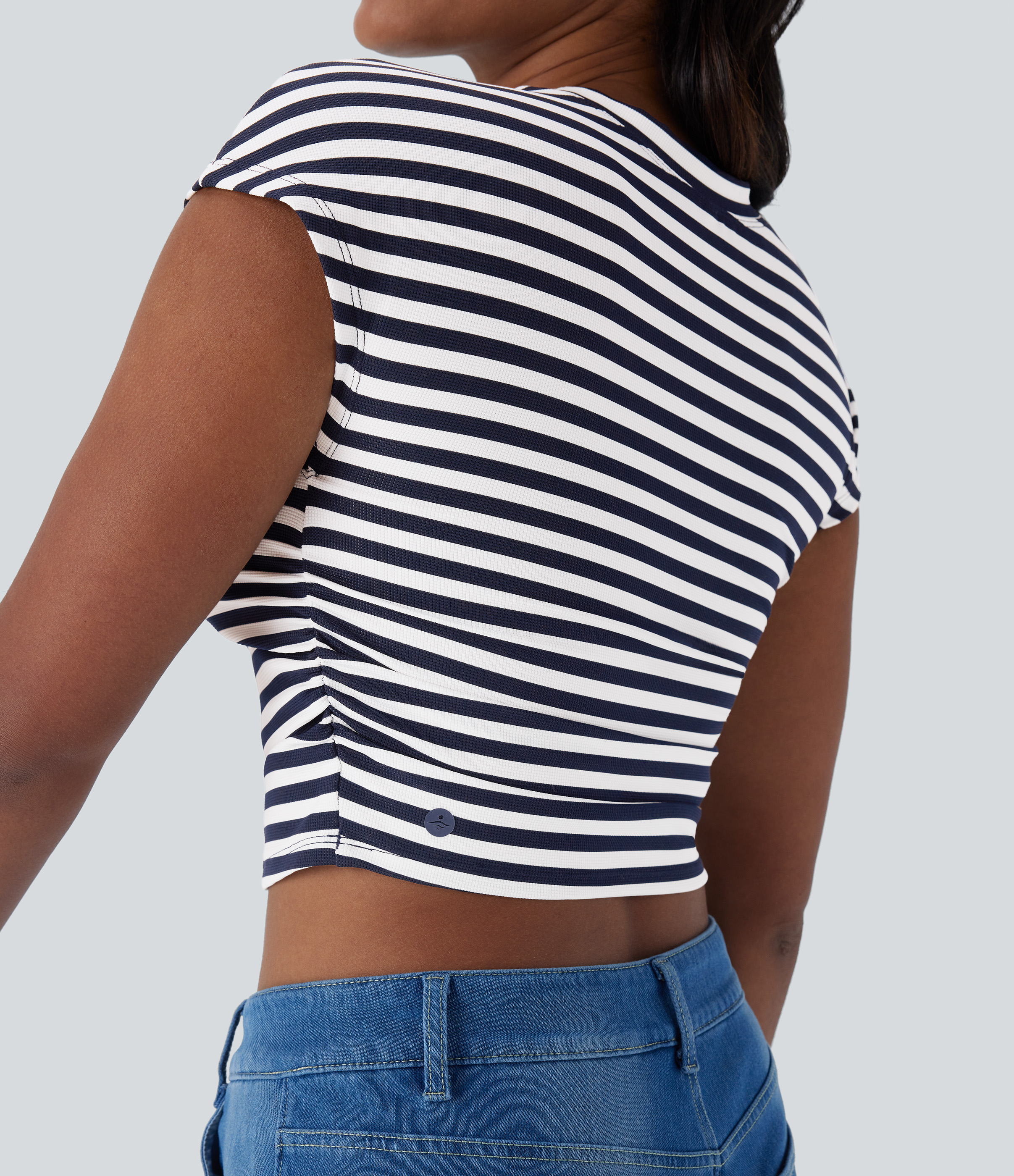 Halara Stripe Cap Sleeve Ruched Slim Cropped Waffle Casual Tee  - Blue White Horizontal Stripe - M 