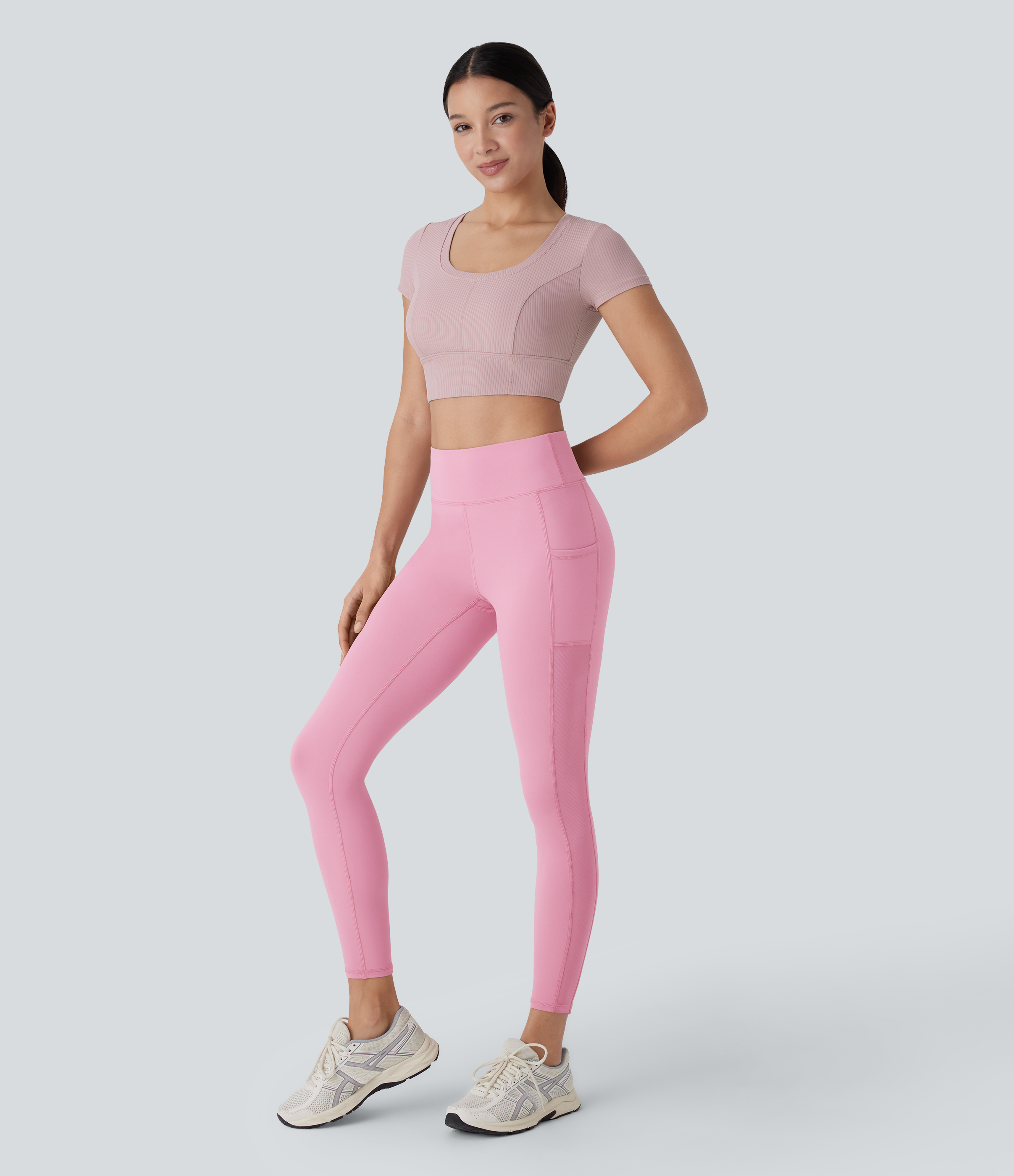 Halara Softlyzeroв„ў Plush High Waisted Side Pocket Contrast Mesh 7/8 Yoga Leggings  - Lemonade Pink - M(7/8) gym leggings 
