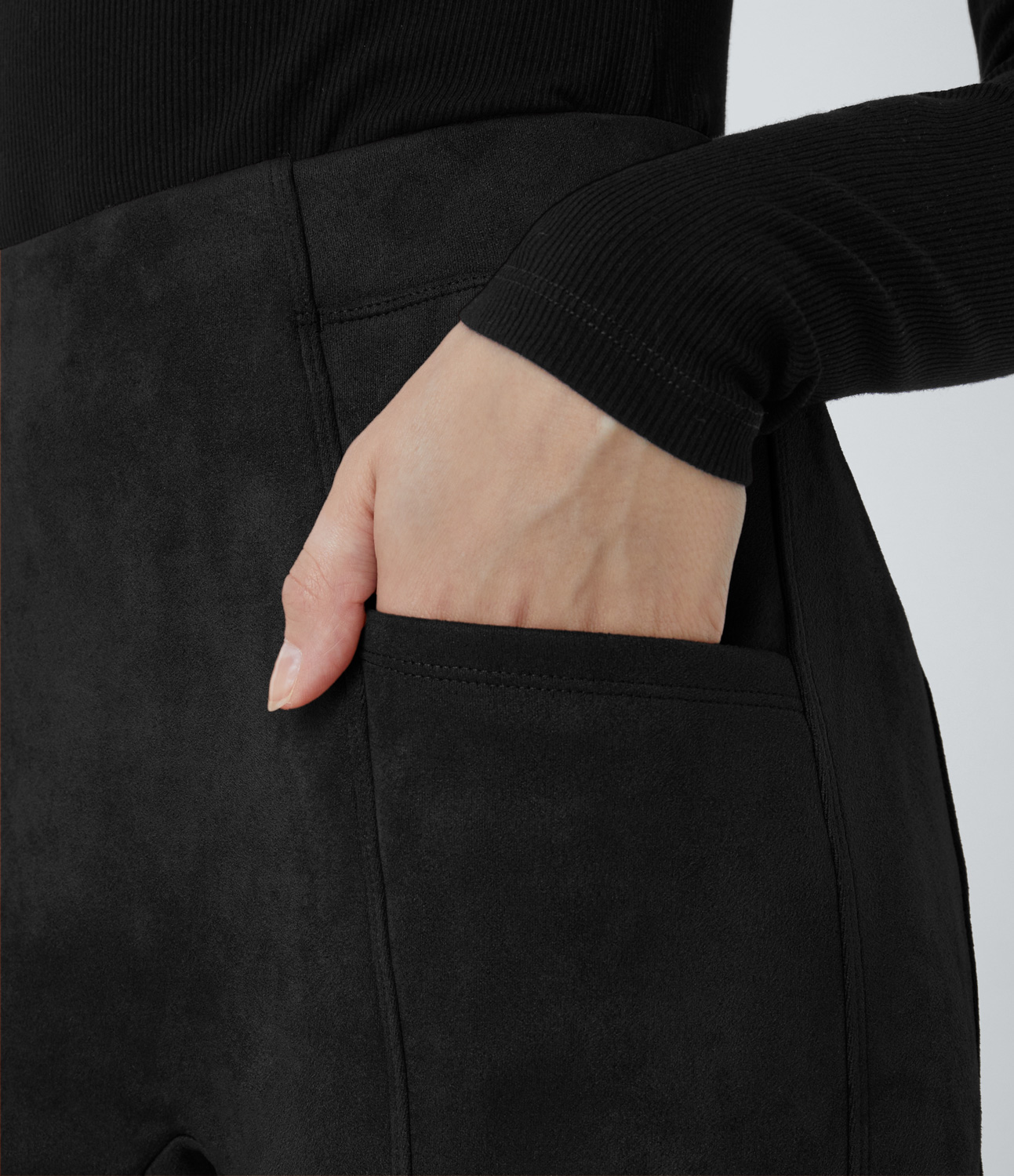 Halara High Waisted Tummy Control Side Pocket Suede Casual Leggings  - Black - XS(7/8) gym leggings leggings with pockets 