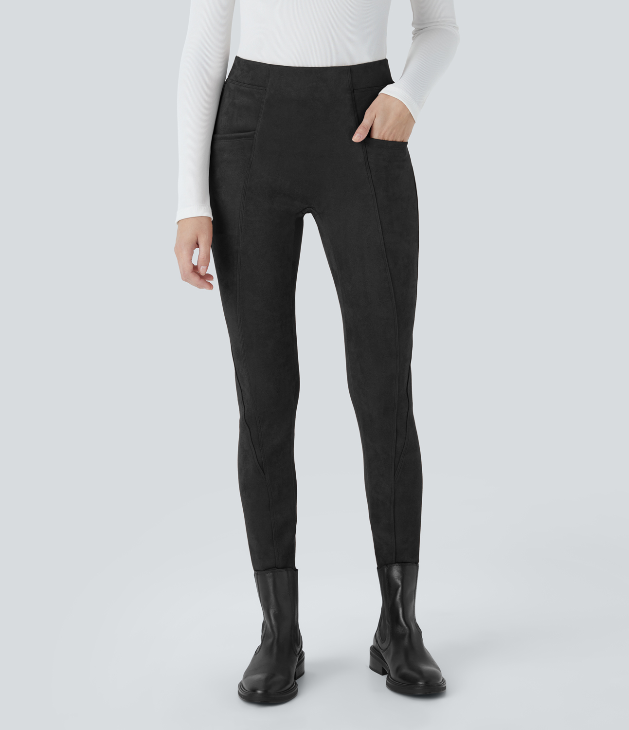 Halara High Waisted Tummy Control Side Pocket Suede Casual Leggings  - Black - XS(7/8) gym leggings leggings with pockets 