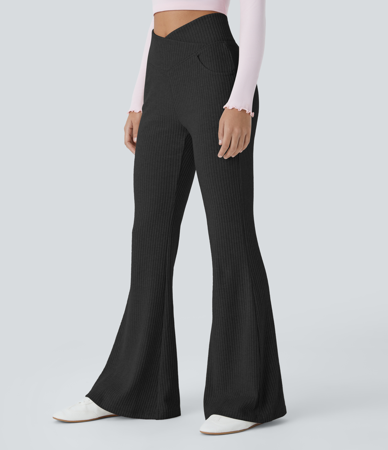Halara Ribbed Knit Crossover High Waisted Side Pocket Casual Flare Pants  - Black - XL(regular) sweatpants jogger pants stacked sweatpants 