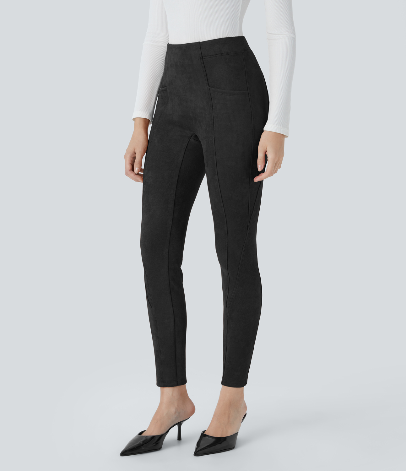 Halara High Waisted Tummy Control Side Pocket Suede Casual Leggings  - Black - XS(7/8) gym leggings leggings with pockets 