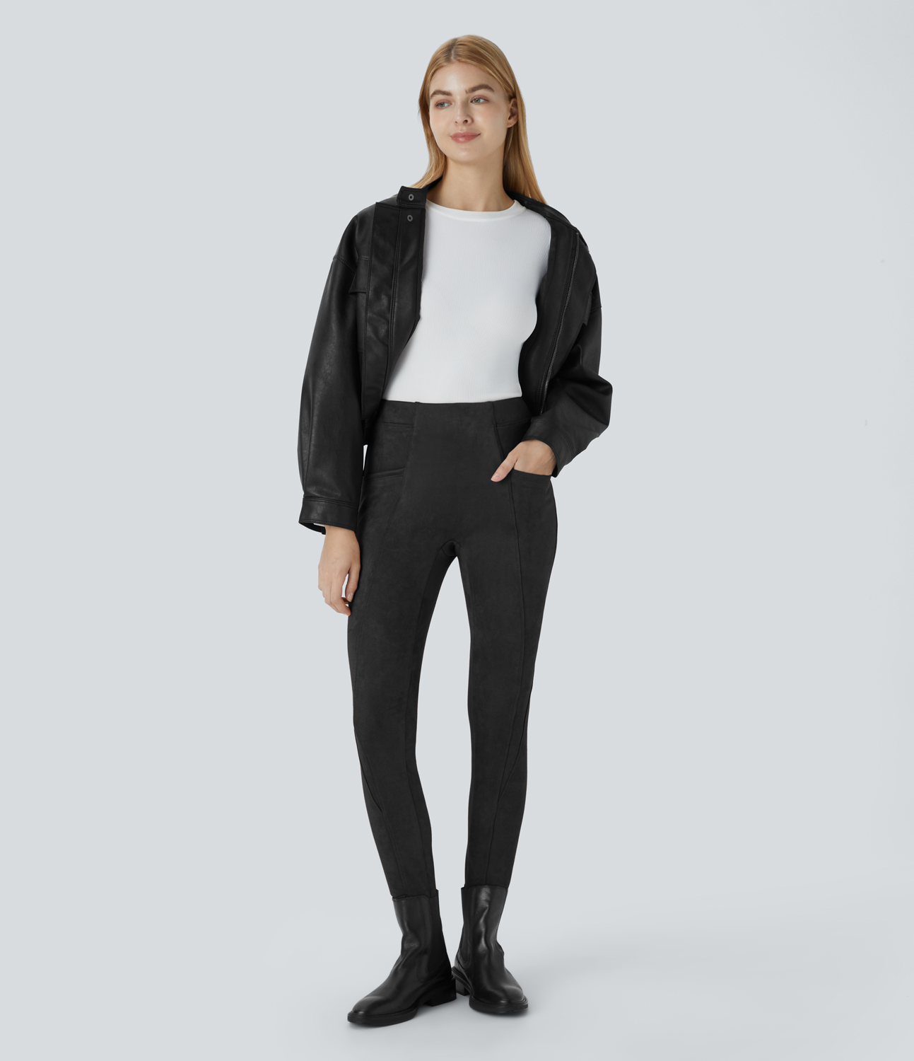 Halara High Waisted Tummy Control Side Pocket Suede Casual Leggings  - Black - XS(7/8) gym leggings leggings with pockets 