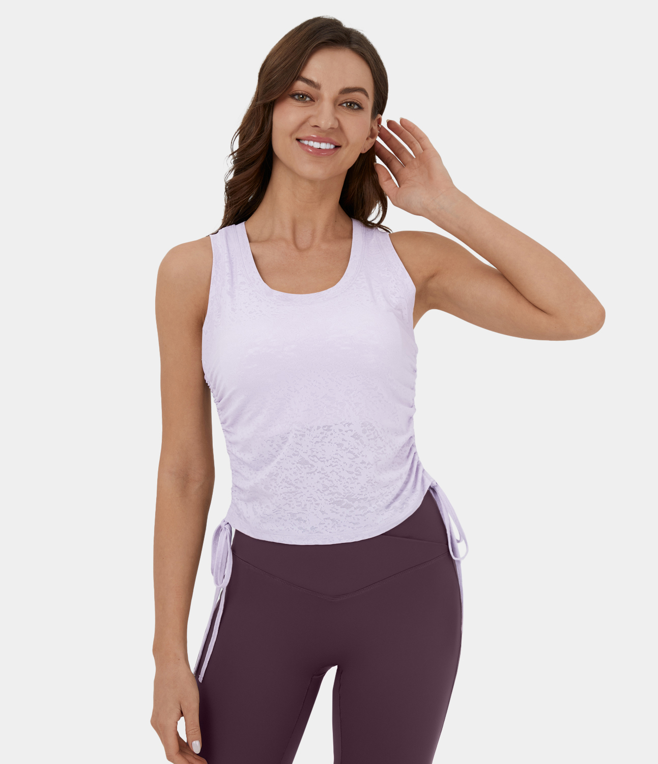 Halara U Neck Drawstring Ruched Jacquard Casual Tank Top Tank Top - Icy Purple - L golf tops halter top tunic tops sleeveless tops 