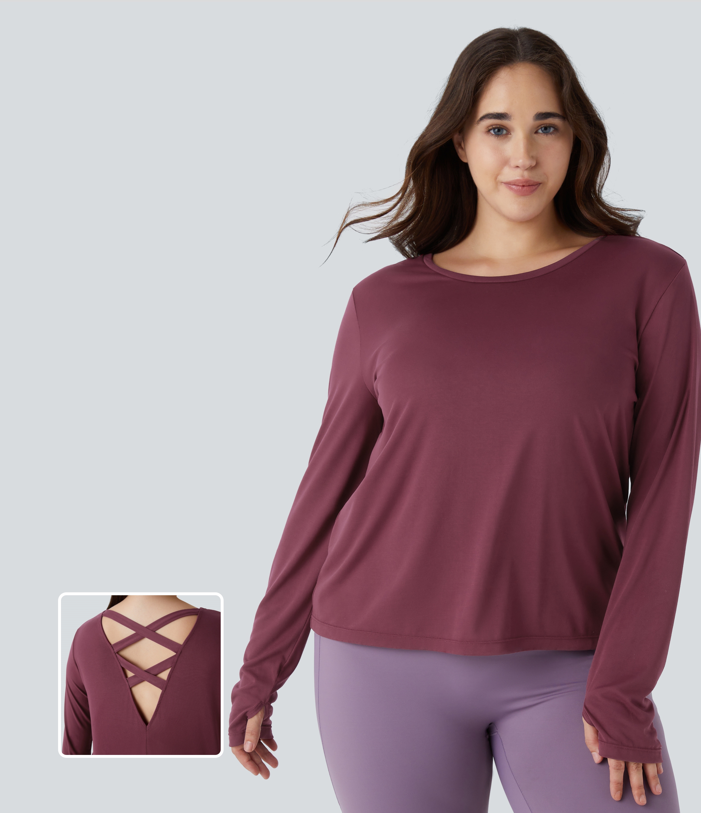 Halara Crisscross Cut Out Thumb Hole Yoga Plus Size Sports Top  - Tibetan Red - 1X 
