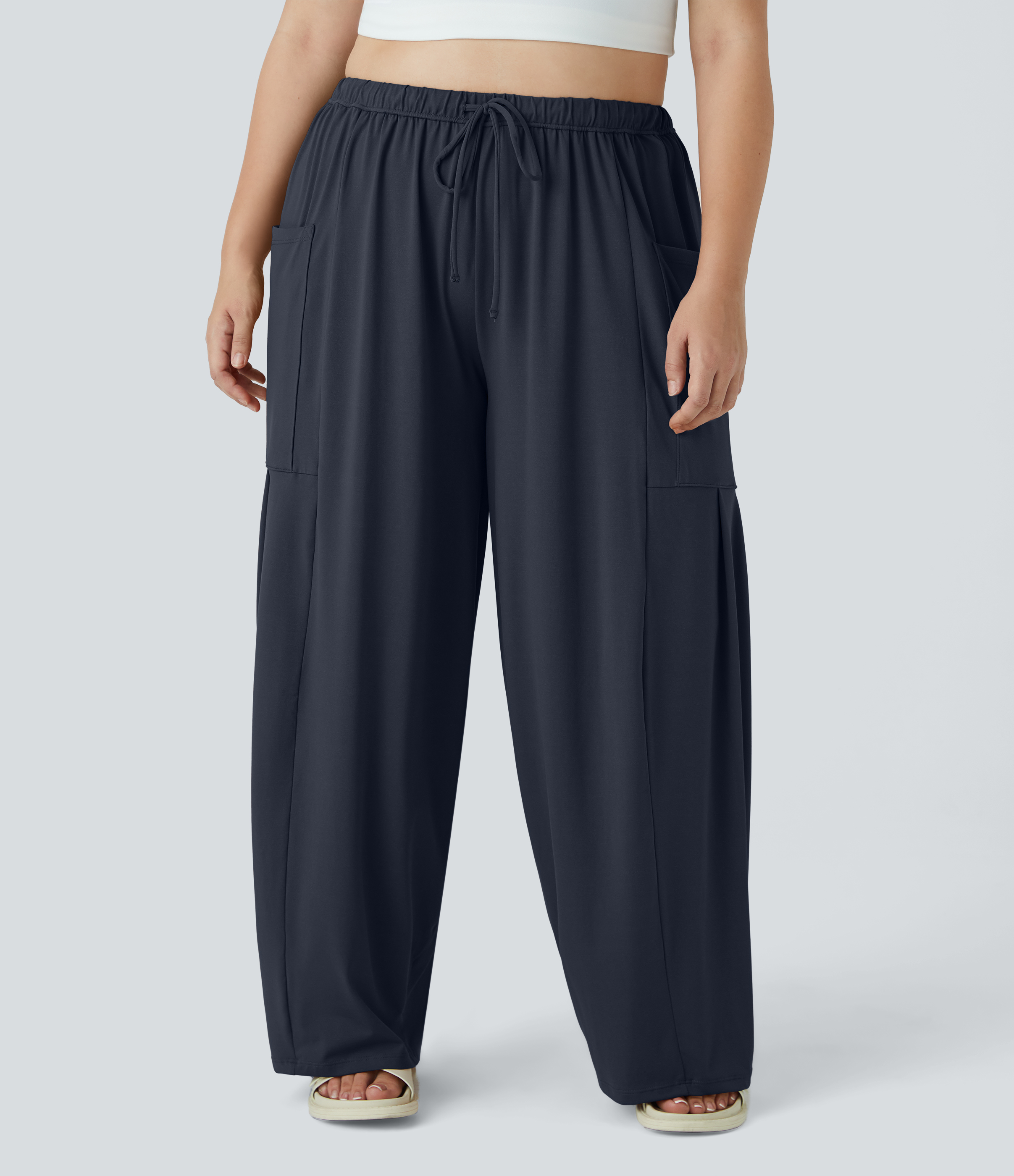 Halara Mid Rise Elastic Waistband Drawstring Side Pocket Palazzo Flowy Wide Leg Casual Plus Size Pants  - Dark Sapphire - 3X(regular) 