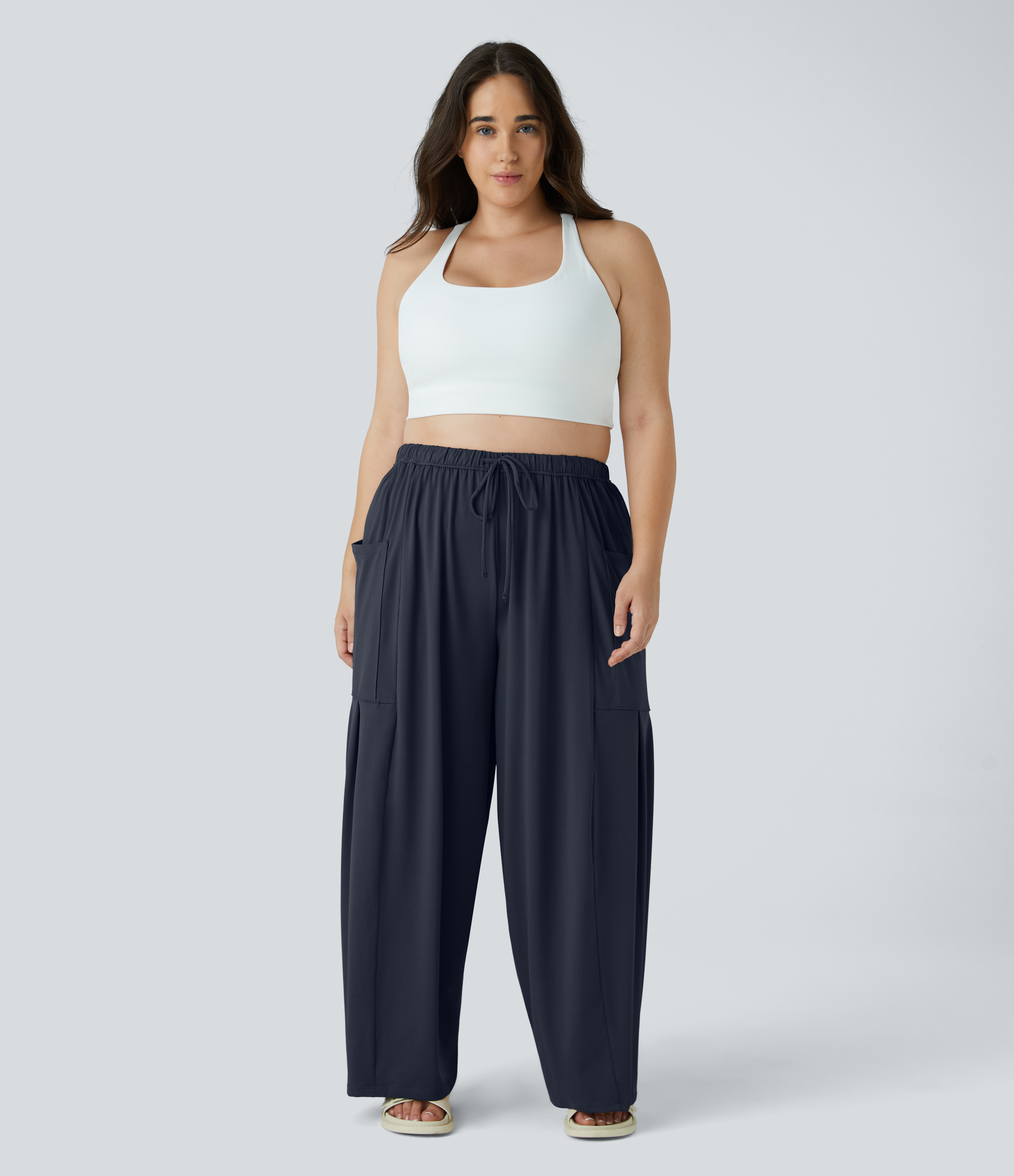 Halara Mid Rise Elastic Waistband Drawstring Side Pocket Palazzo Flowy Wide Leg Casual Plus Size Pants  - Dark Sapphire - 3X(regular) 