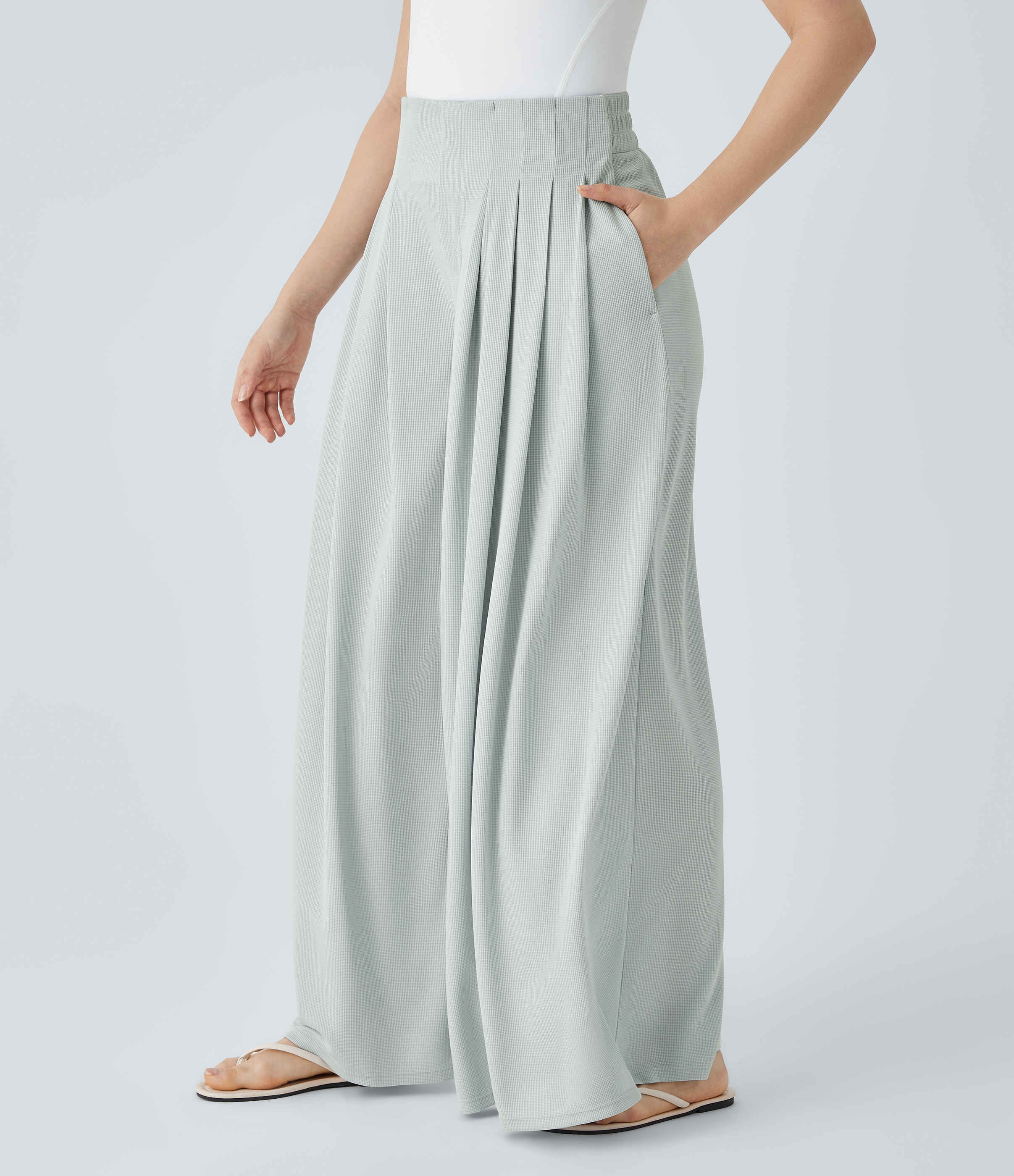 Halara High Waisted Pleated Side Pocket Flowy Wide Leg Palazzo Waffle Casual Pants  - Frost Clear Haze - XL(regular) sweatpants jogger pants 