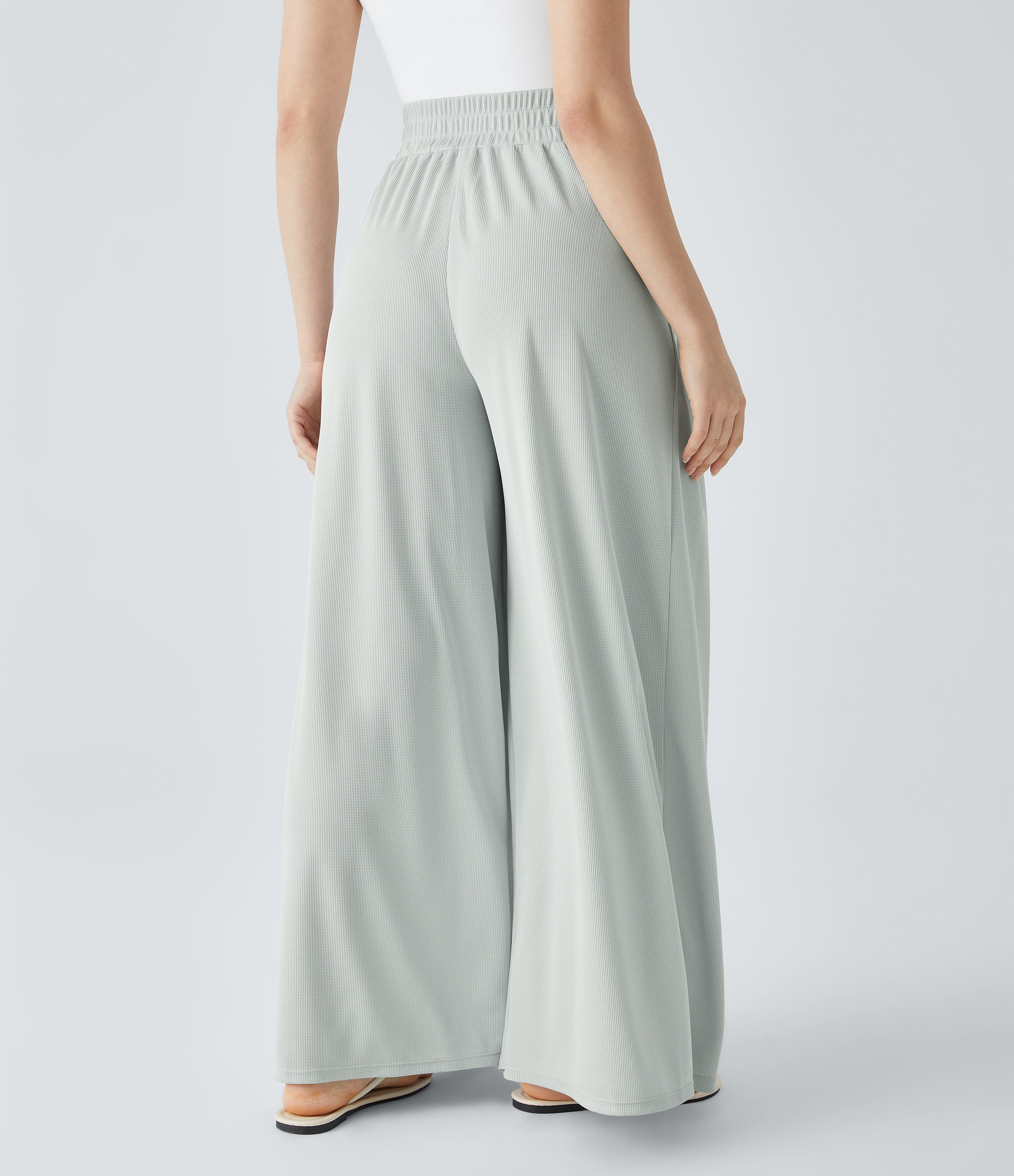 Halara High Waisted Pleated Side Pocket Flowy Wide Leg Palazzo Waffle Casual Pants  - Frost Clear Haze - XL(regular) sweatpants jogger pants 