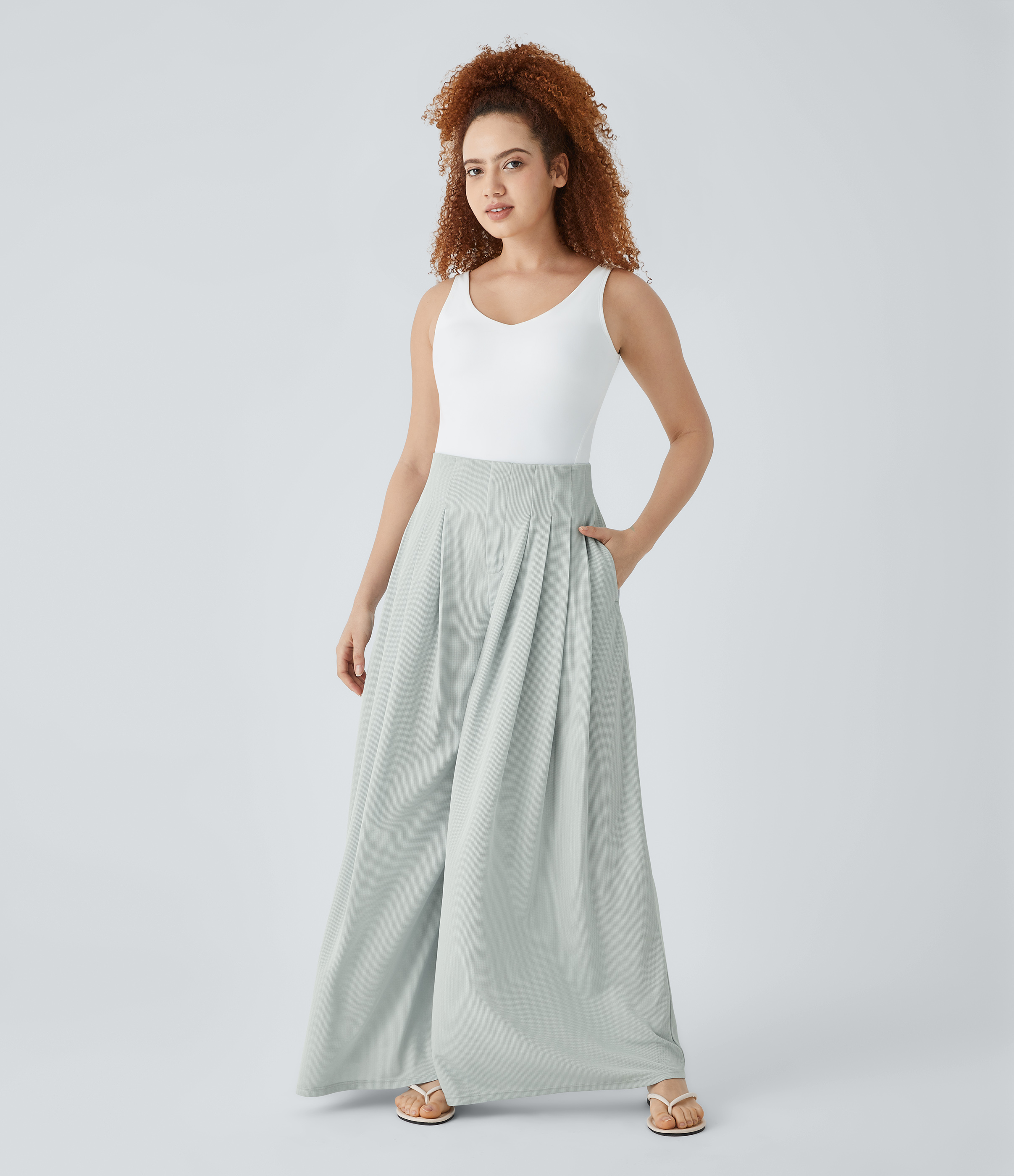 Halara High Waisted Pleated Side Pocket Flowy Wide Leg Palazzo Waffle Casual Pants  - Frost Clear Haze - XL(regular) sweatpants jogger pants 