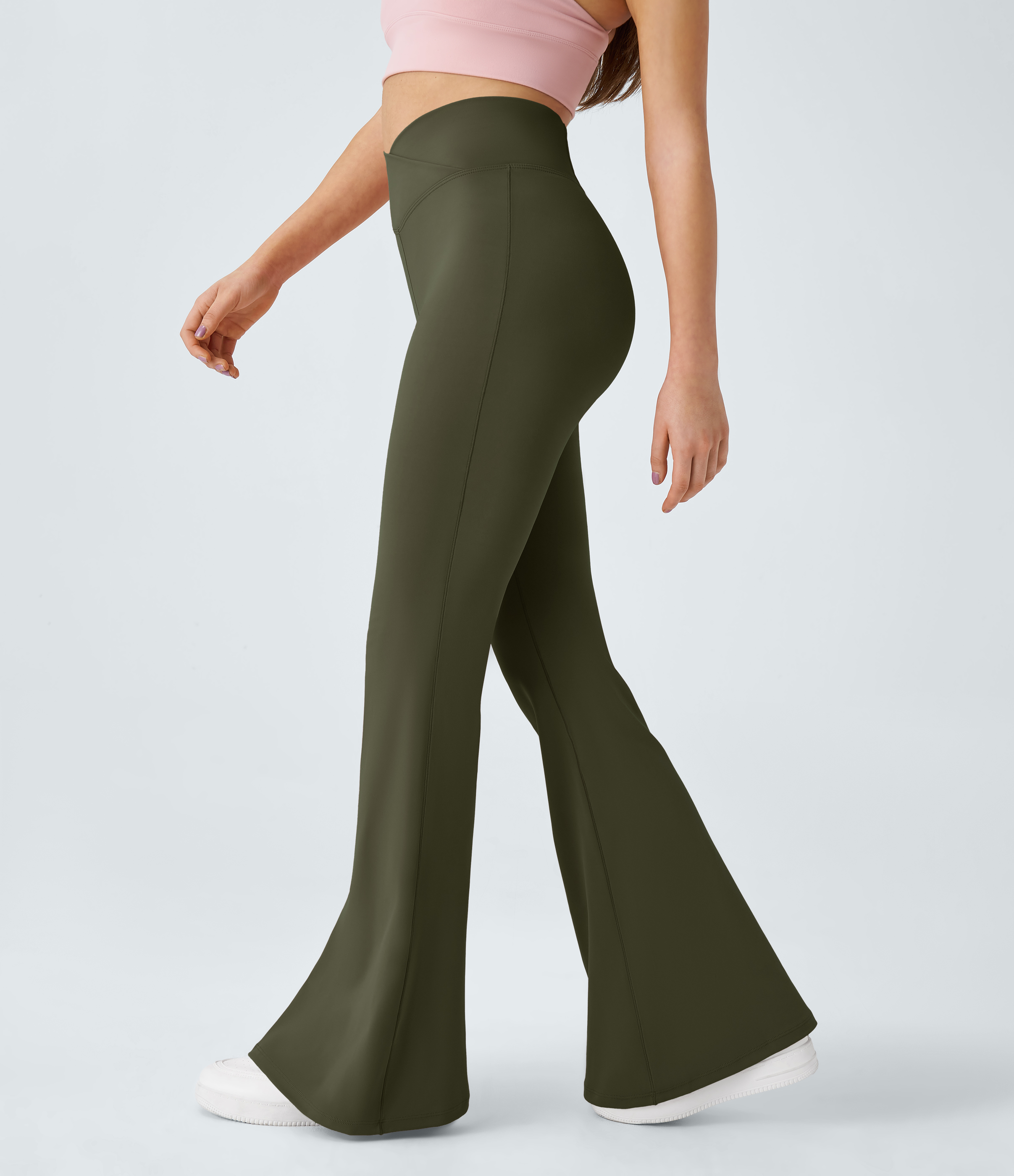 Halara Crossover High Waisted Back Pocket Super Flare Leggings  - Ivy Green - L(petite) gym leggings leggings with pockets 