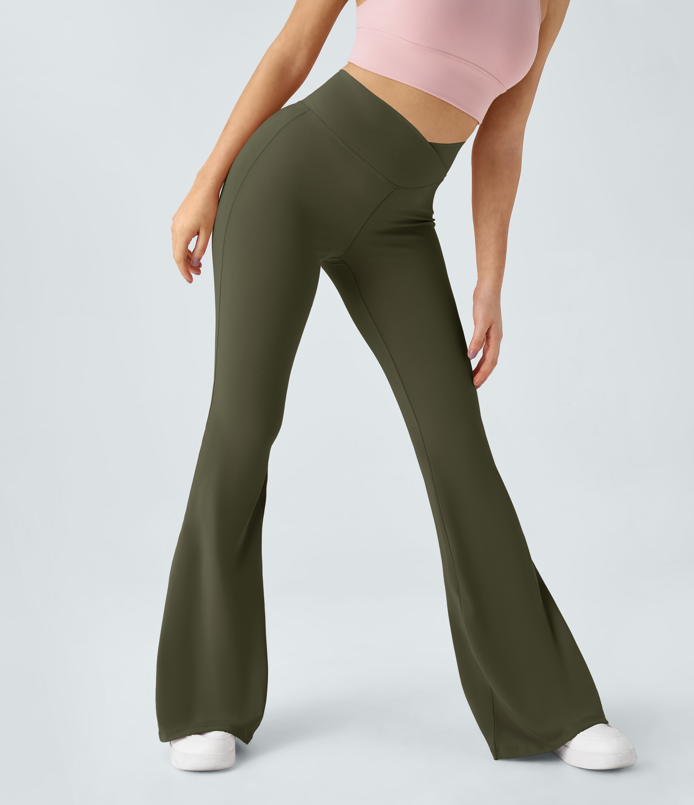 Halara Crossover High Waisted Back Pocket Super Flare Leggings  - Ivy Green - L(petite) gym leggings leggings with pockets 