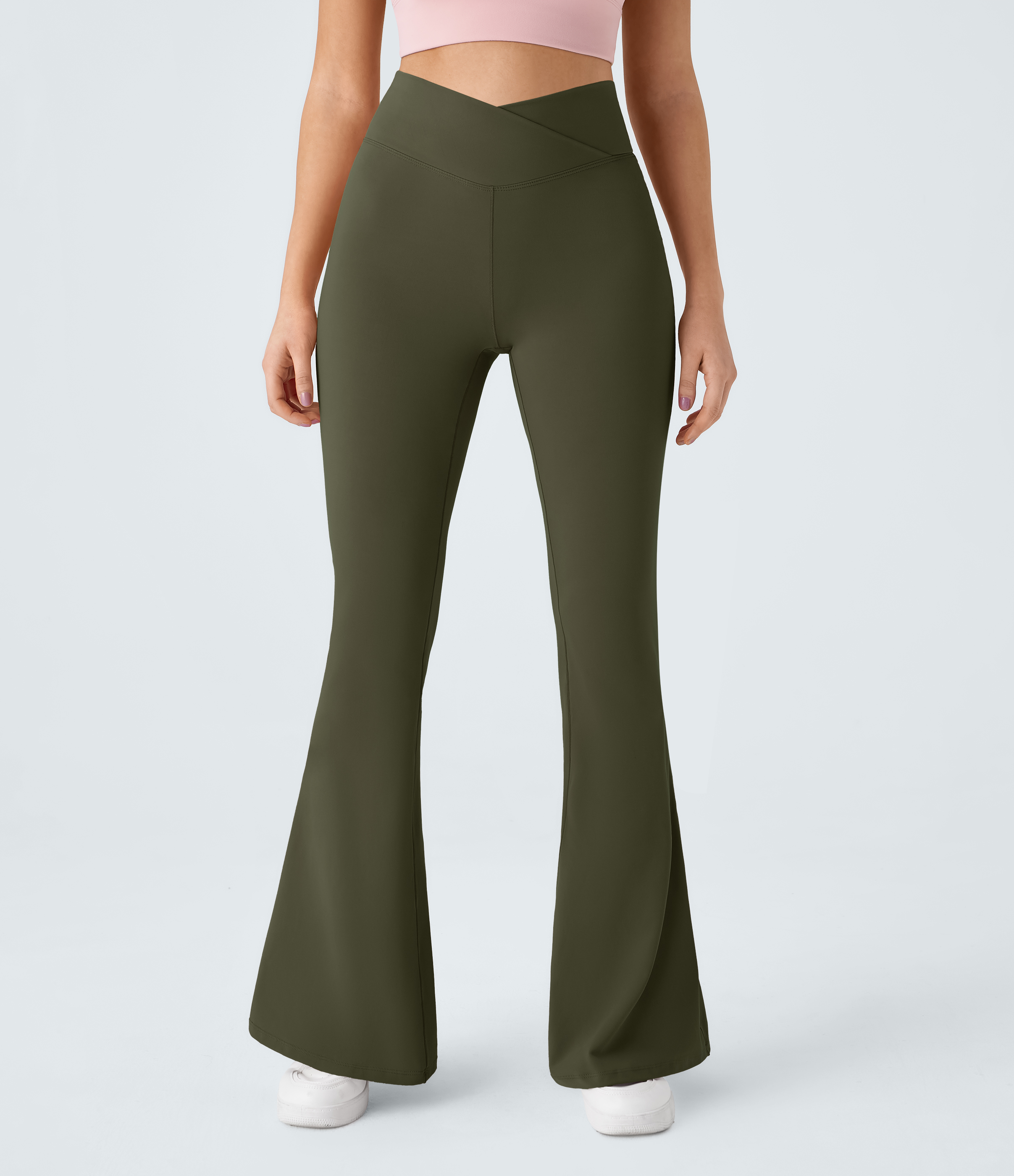 Halara Crossover High Waisted Back Pocket Super Flare Leggings  - Ivy Green - L(petite) gym leggings leggings with pockets 