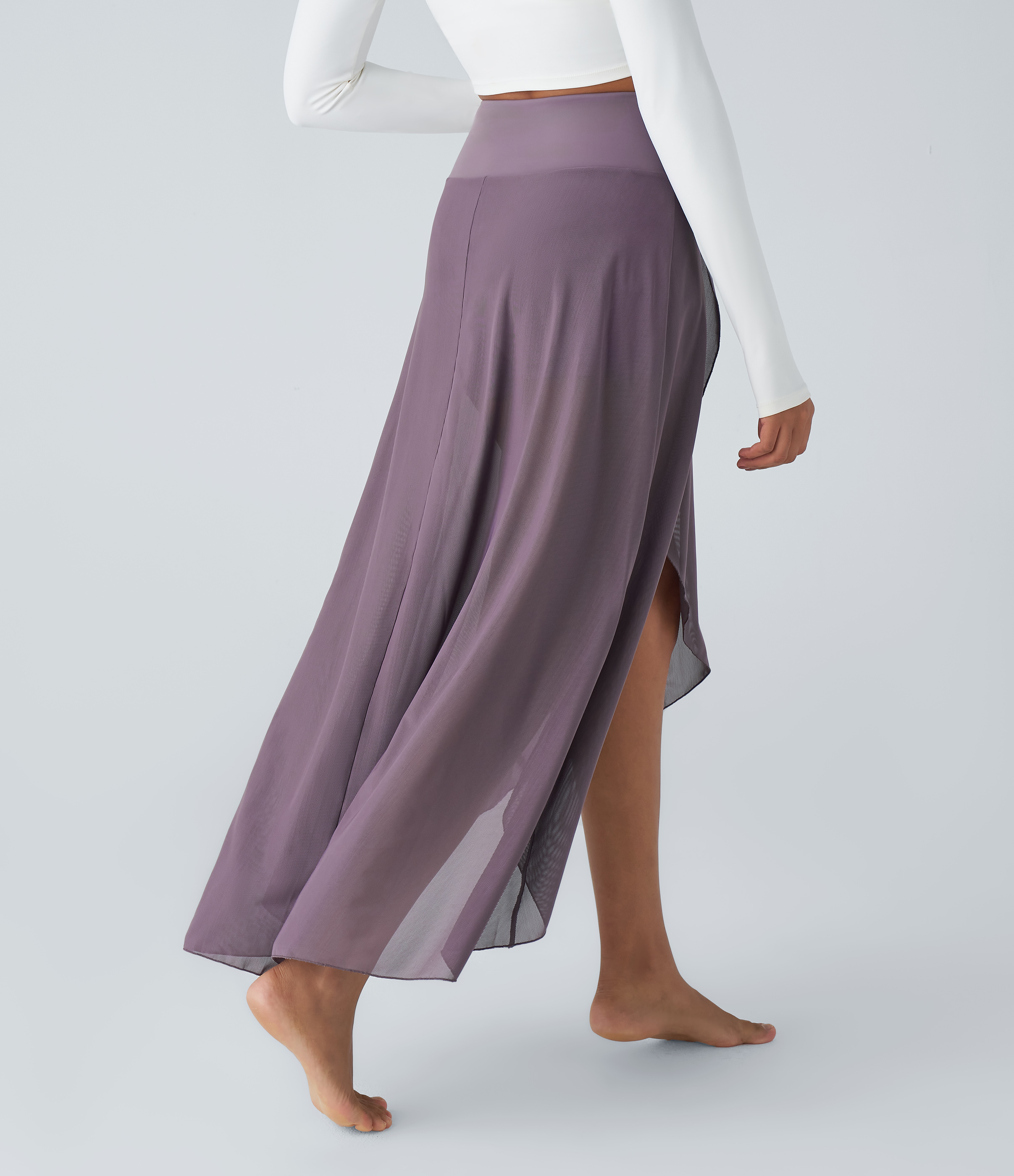 Halara High Waisted High Low Ruffle 2-in-1 Side Pocket Flare Mesh Casual Regular Maxi Skirt  - Stardust Mauve - M midi skirt a line skirt 
