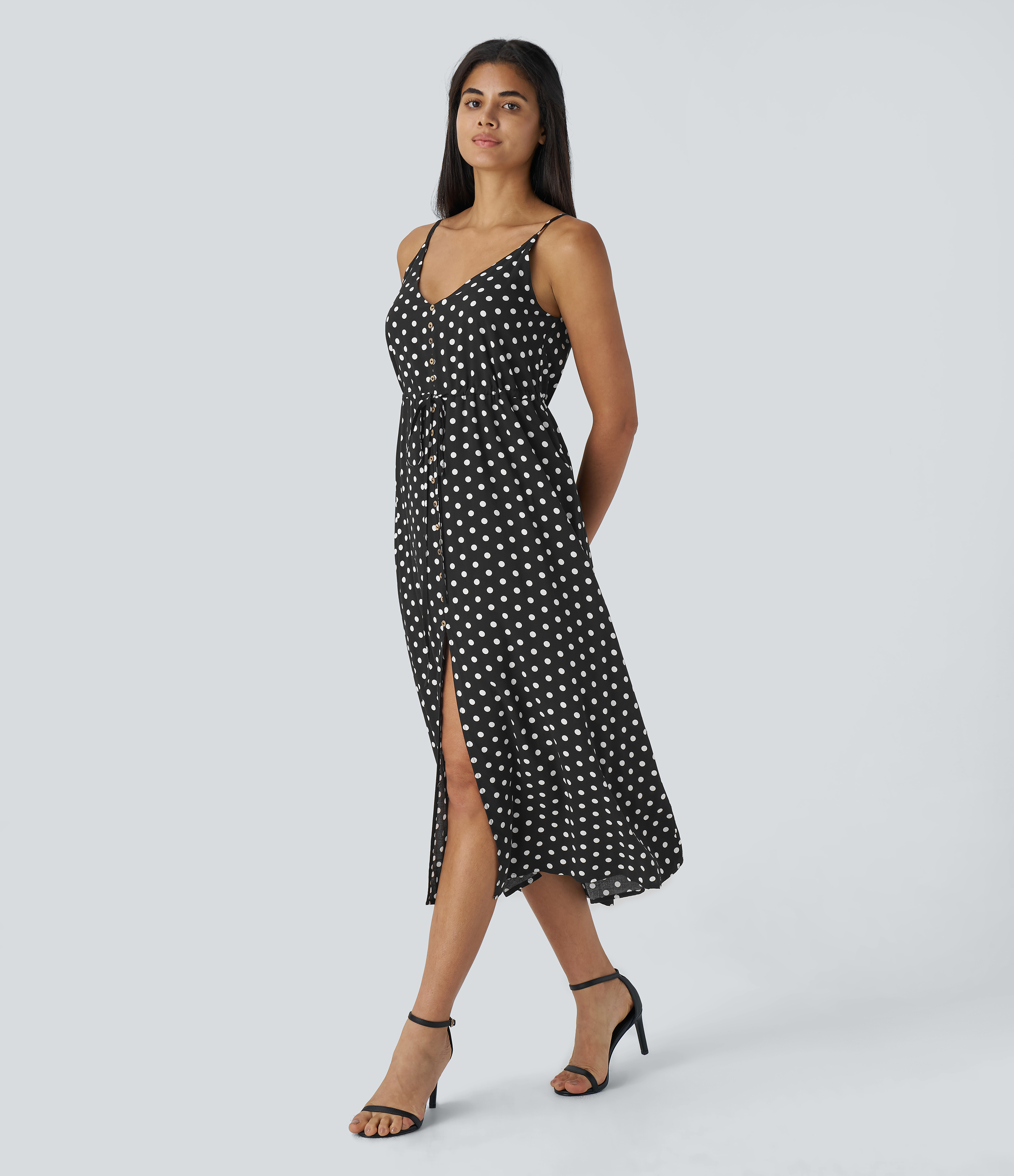 Halara Decorative Button Drawstring Backless Split Polka Dot Midi Resort Slip Dress Casual Dress - Black Polka Dots - L slip dress 
