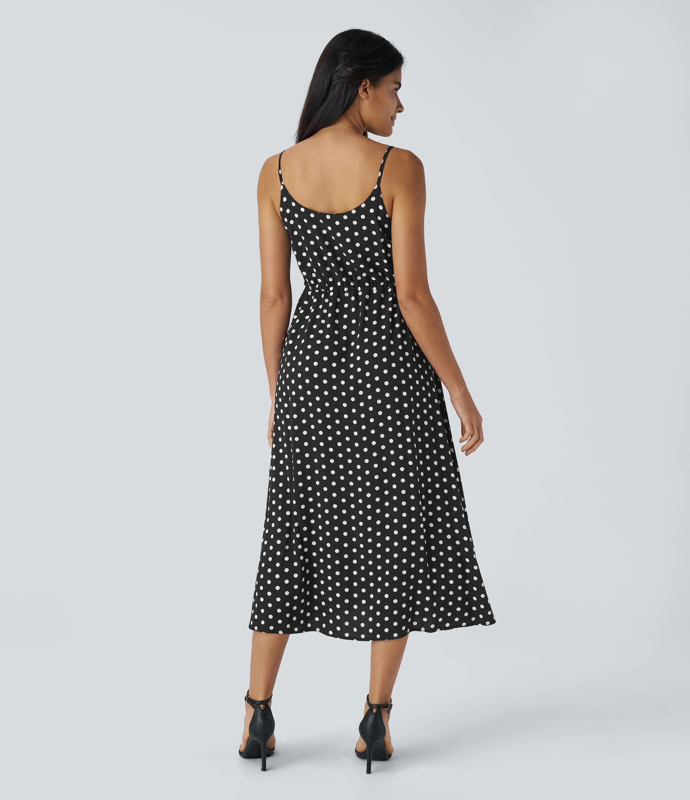 Halara Decorative Button Drawstring Backless Split Polka Dot Midi Resort Slip Dress Casual Dress - Black Polka Dots - L slip dress 