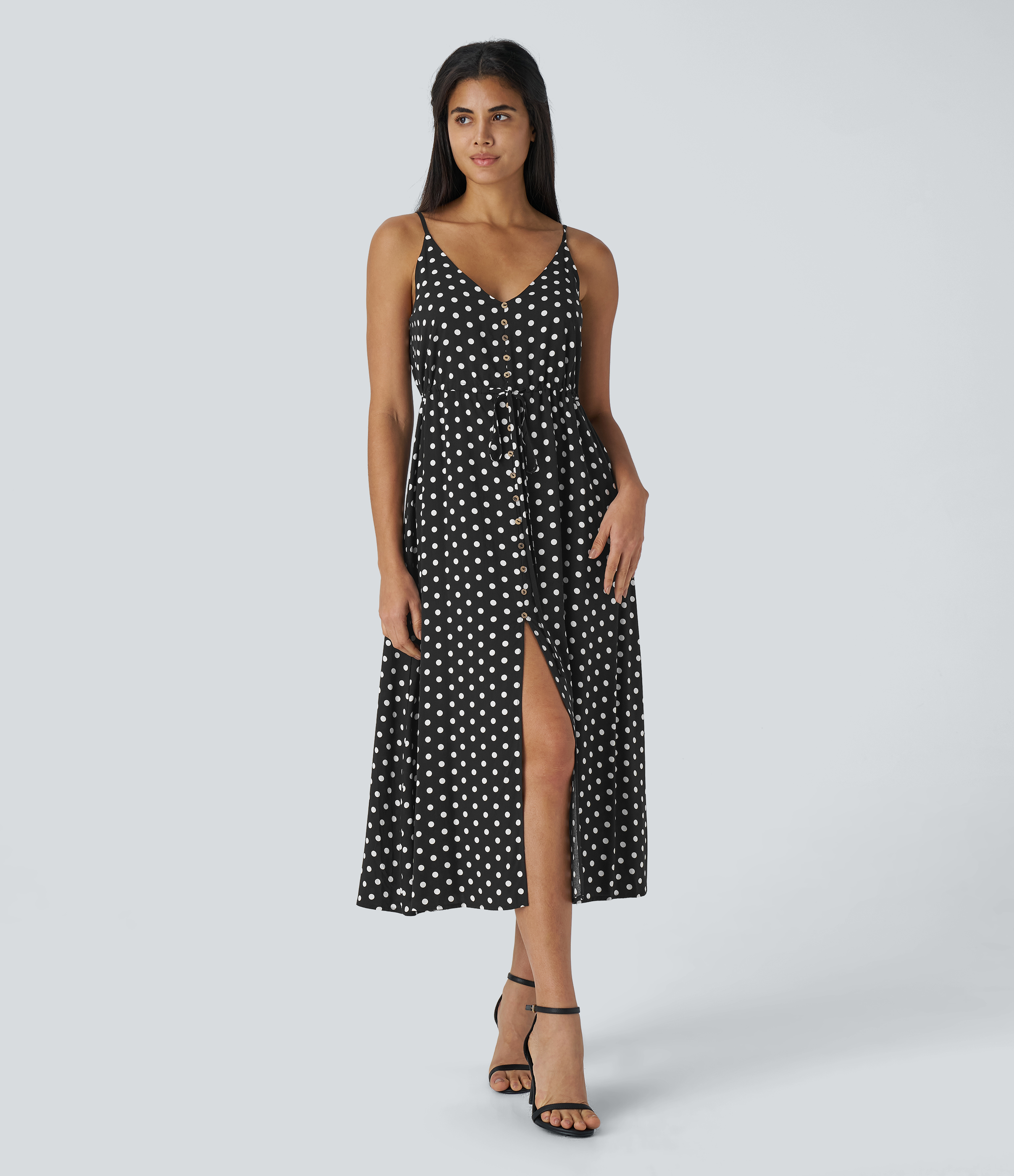 Halara Decorative Button Drawstring Backless Split Polka Dot Midi Resort Slip Dress Casual Dress - Black Polka Dots - L slip dress 