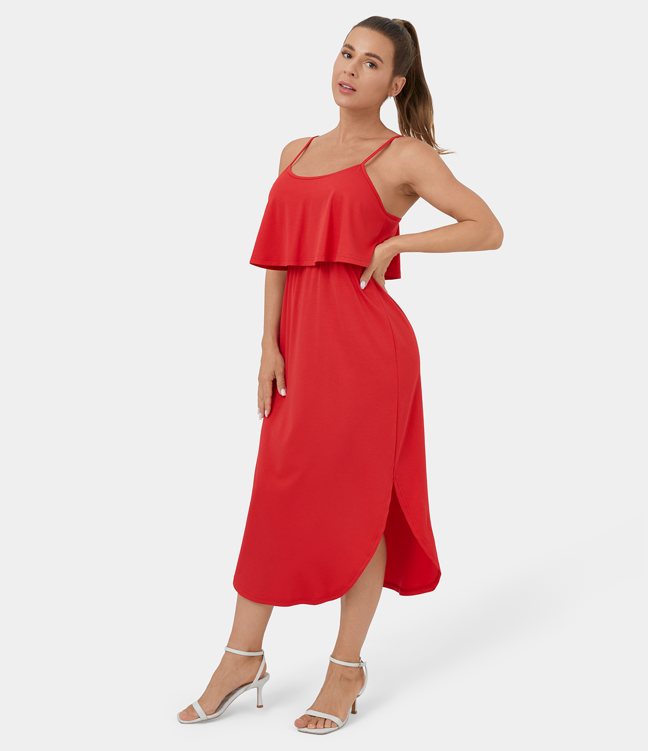 Halara Backless Sleeveless Split Curved Hem Midi Casual Slip Dress Casual Dress - Tomato - S slip dress beach dress ruched dress halter dress 
