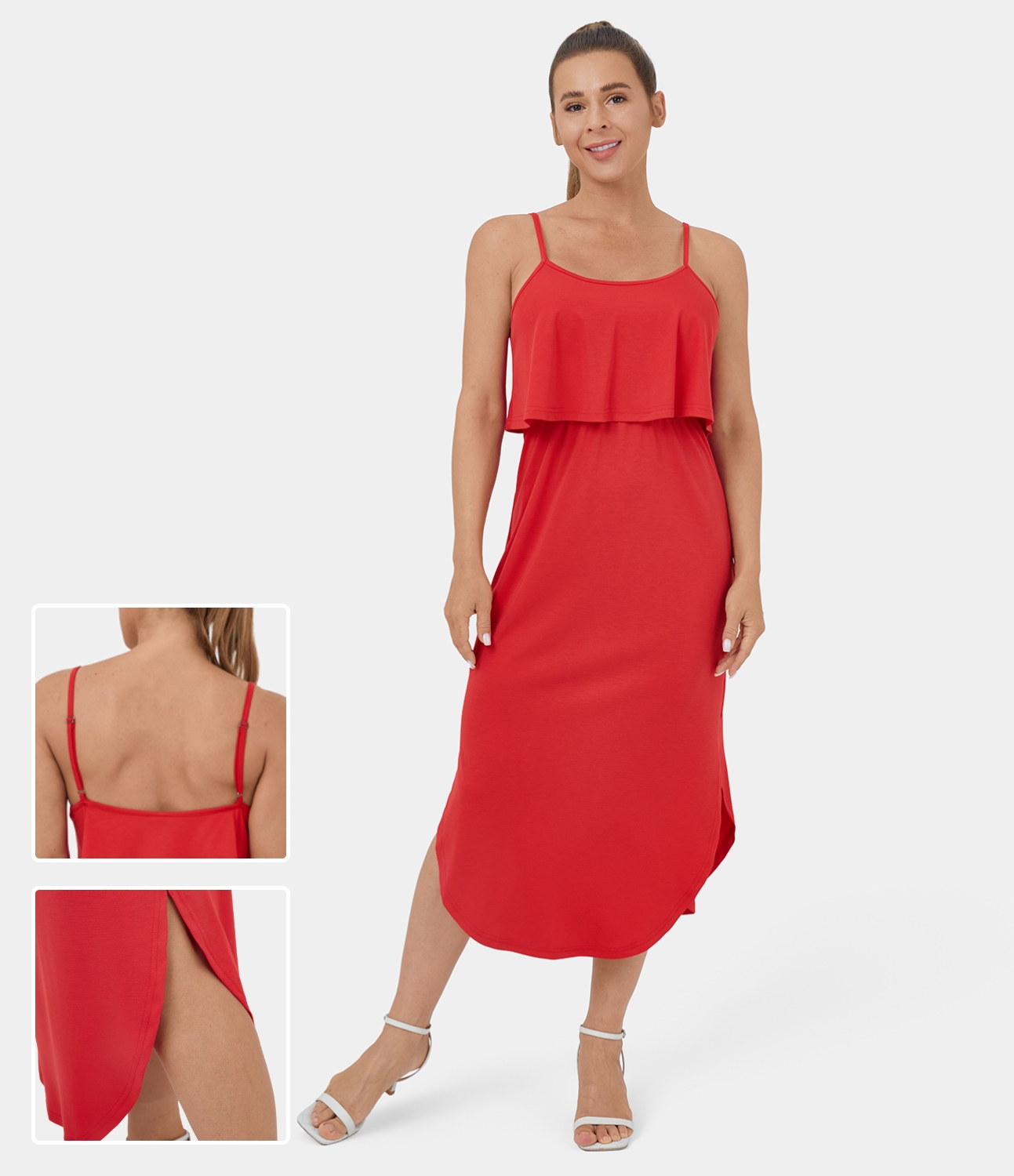 Halara Backless Sleeveless Split Curved Hem Midi Casual Slip Dress Casual Dress - Tomato - S slip dress beach dress ruched dress halter dress 