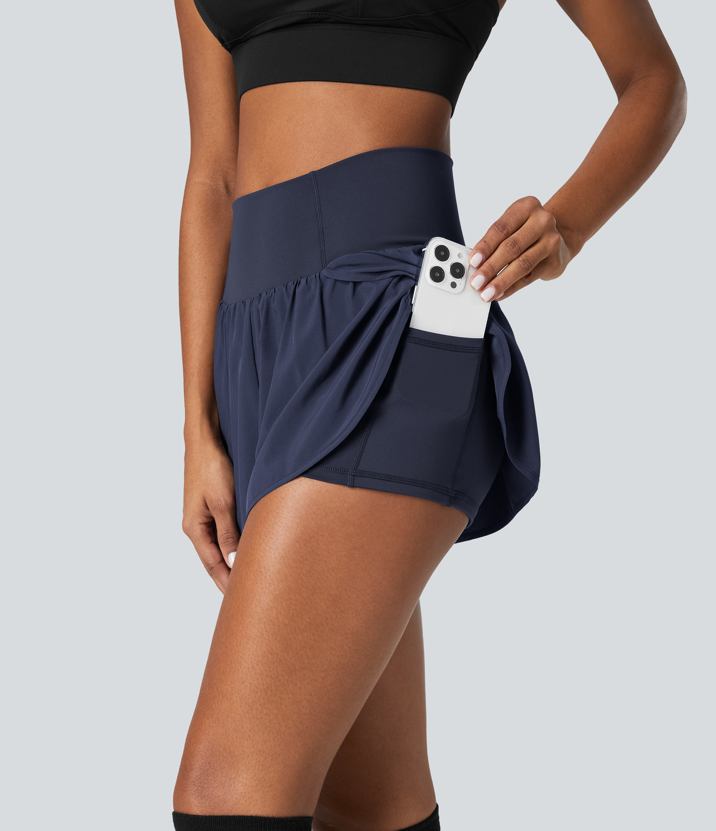 Halara Breezefulв„ў High Waisted Crossover Petal Hem 2-in-1 Side Pocket Quick Dry Yoga Shorts Gym Short - Black Diamond Blue - L booty shorts 