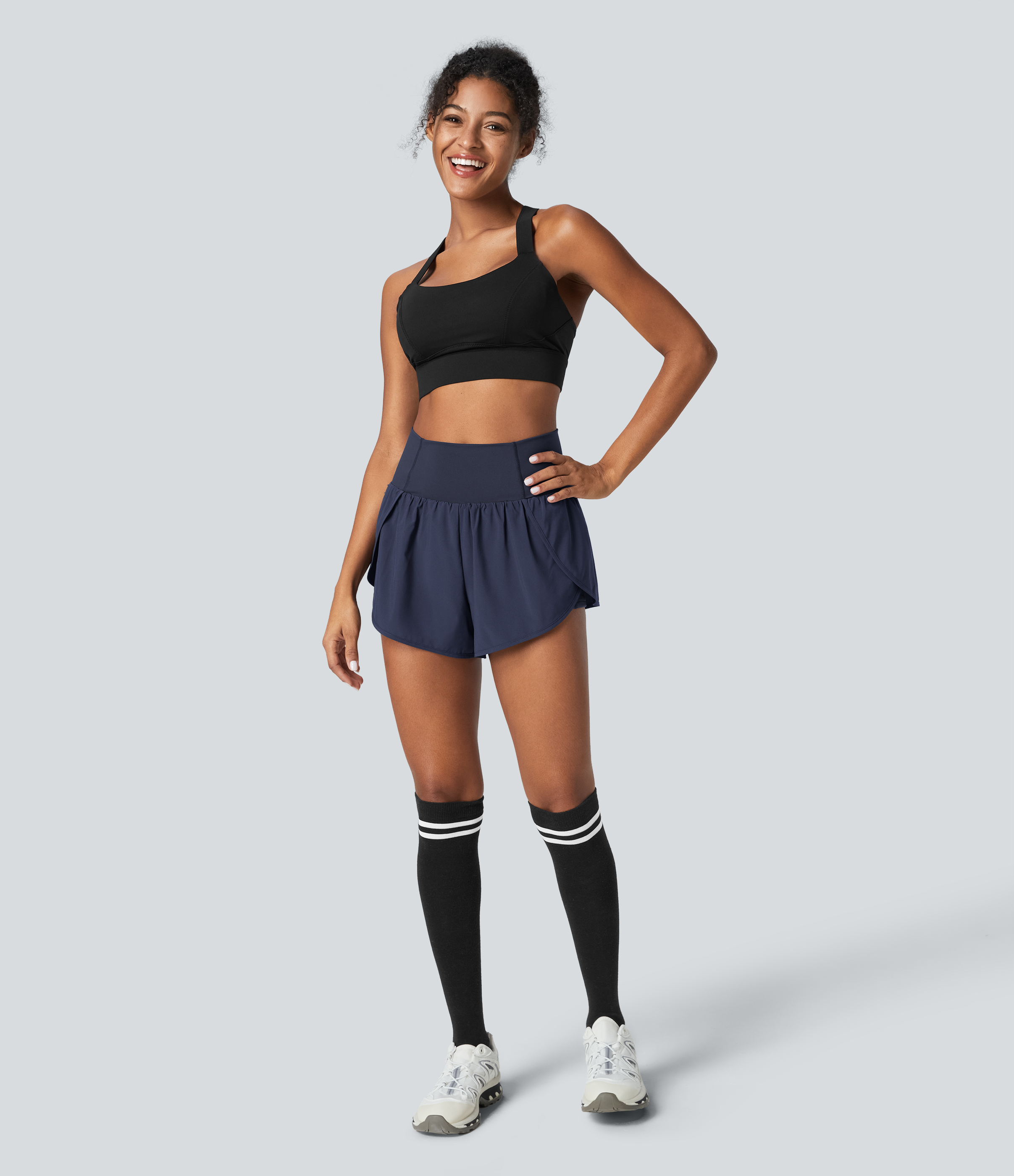 Halara Breezefulв„ў High Waisted Crossover Petal Hem 2-in-1 Side Pocket Quick Dry Yoga Shorts Gym Short - Black Diamond Blue - L booty shorts 