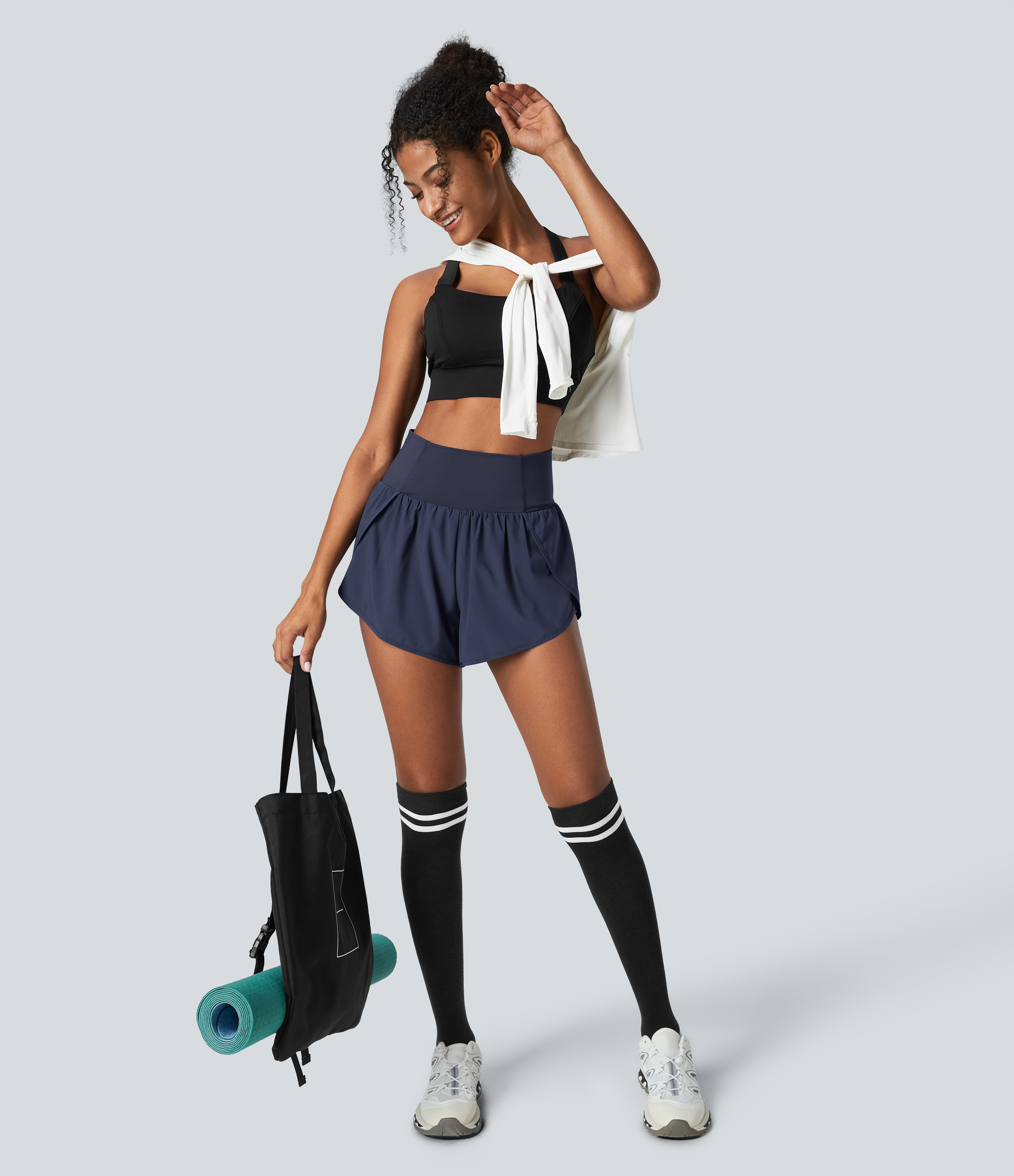 Halara Breezefulв„ў High Waisted Crossover Petal Hem 2-in-1 Side Pocket Quick Dry Yoga Shorts Gym Short - Black Diamond Blue - L booty shorts 