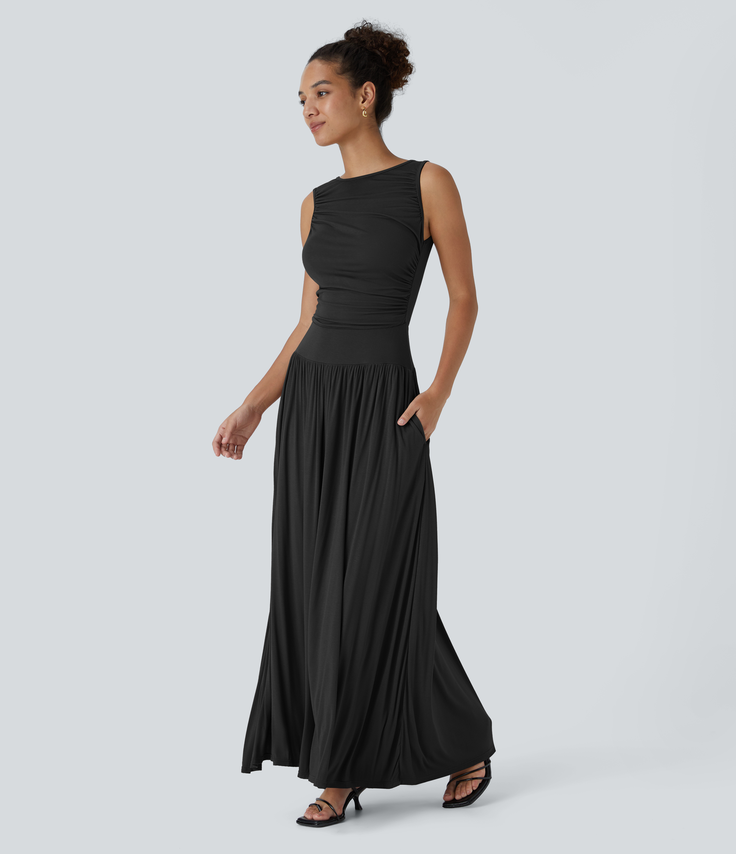 Halara Ribbed Boat Neck Ruched Side Pocket Flowy Maxi Casual Dress Casual Dress - Black - M slip dress beach dress ruched dress halter dress 