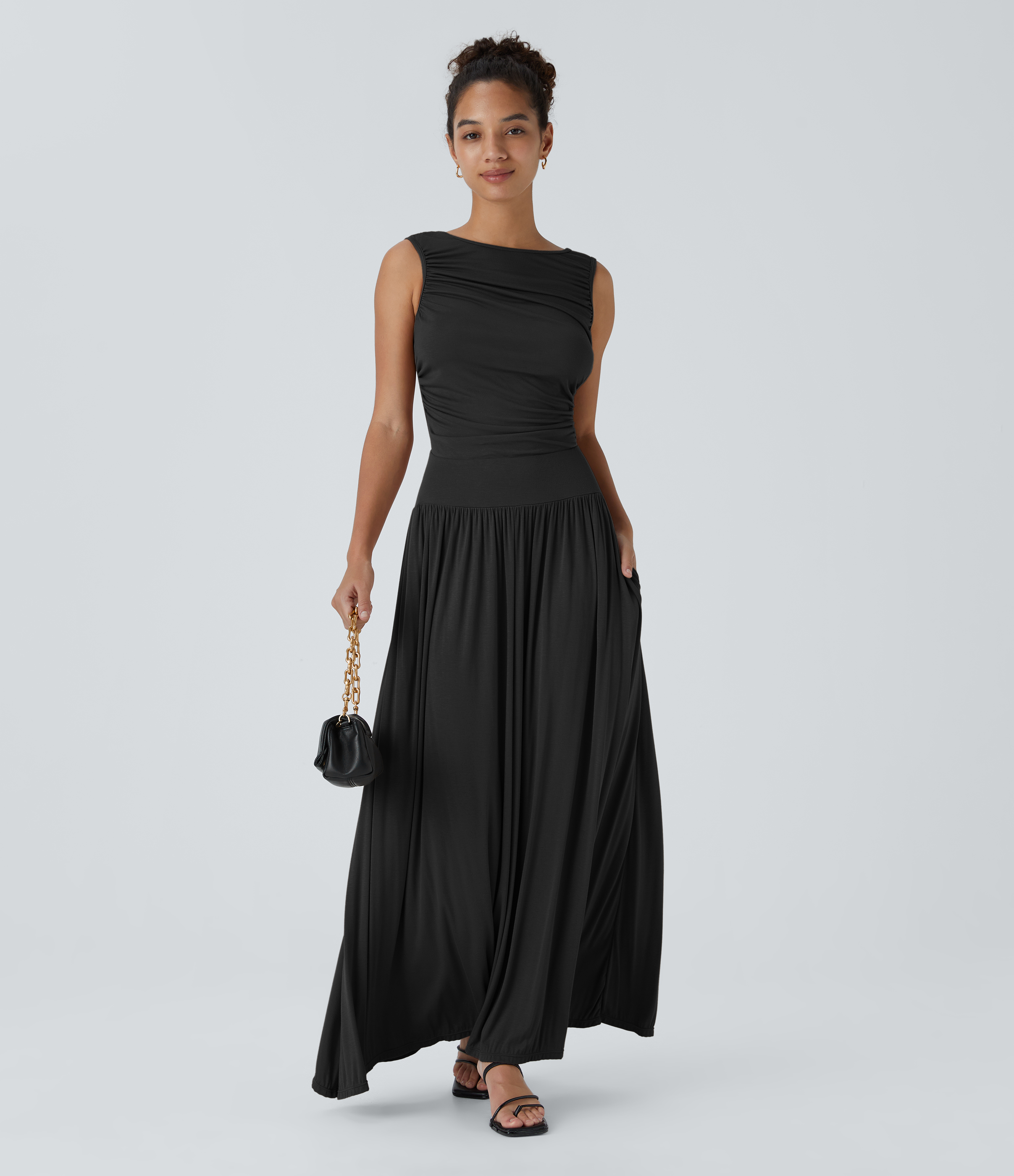 Halara Ribbed Boat Neck Ruched Side Pocket Flowy Maxi Casual Dress Casual Dress - Black - M slip dress beach dress ruched dress halter dress 