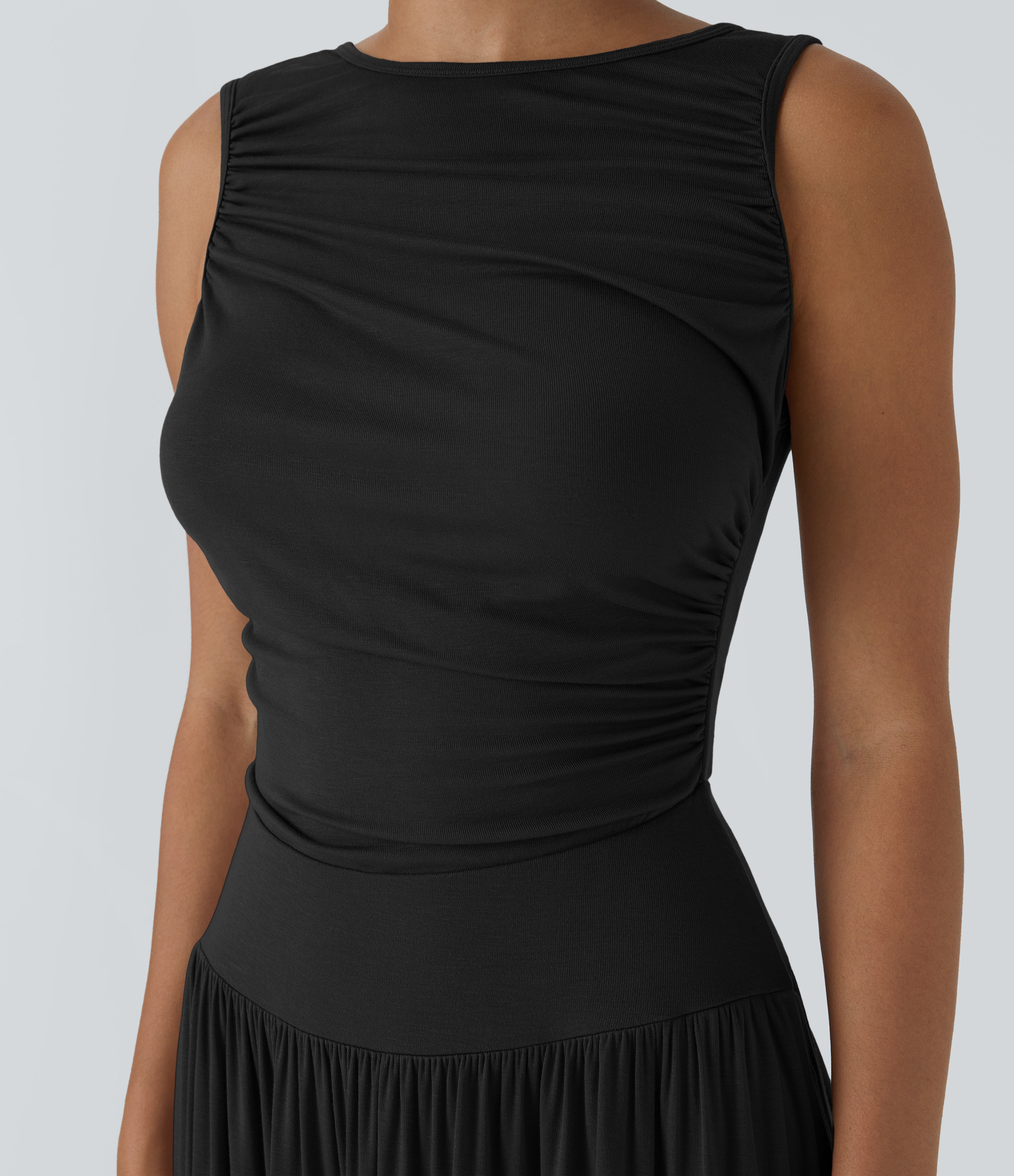 Halara Ribbed Boat Neck Ruched Side Pocket Flowy Maxi Casual Dress Casual Dress - Black - M slip dress beach dress ruched dress halter dress 