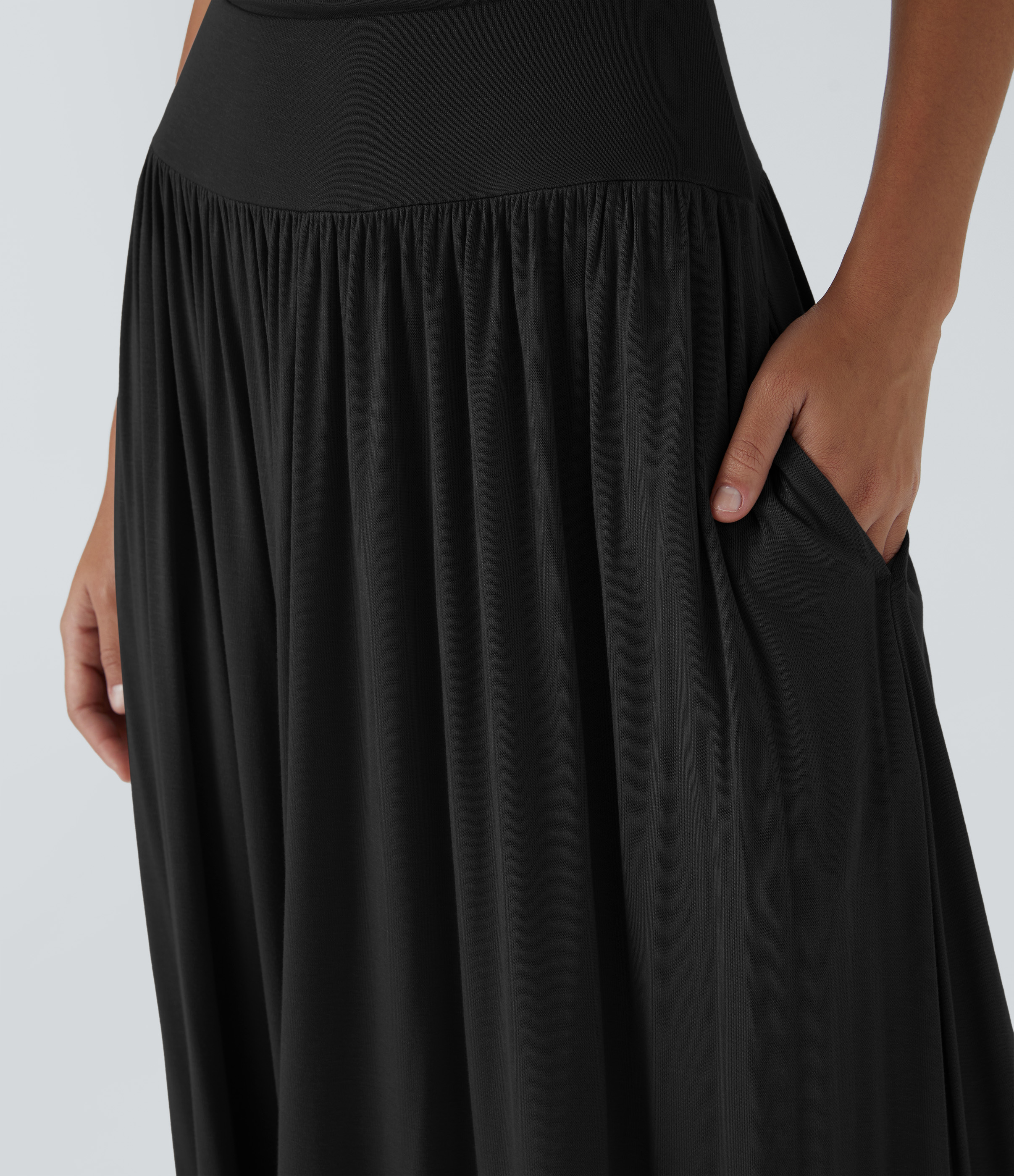Halara Ribbed Boat Neck Ruched Side Pocket Flowy Maxi Casual Dress Casual Dress - Black - M slip dress beach dress ruched dress halter dress 