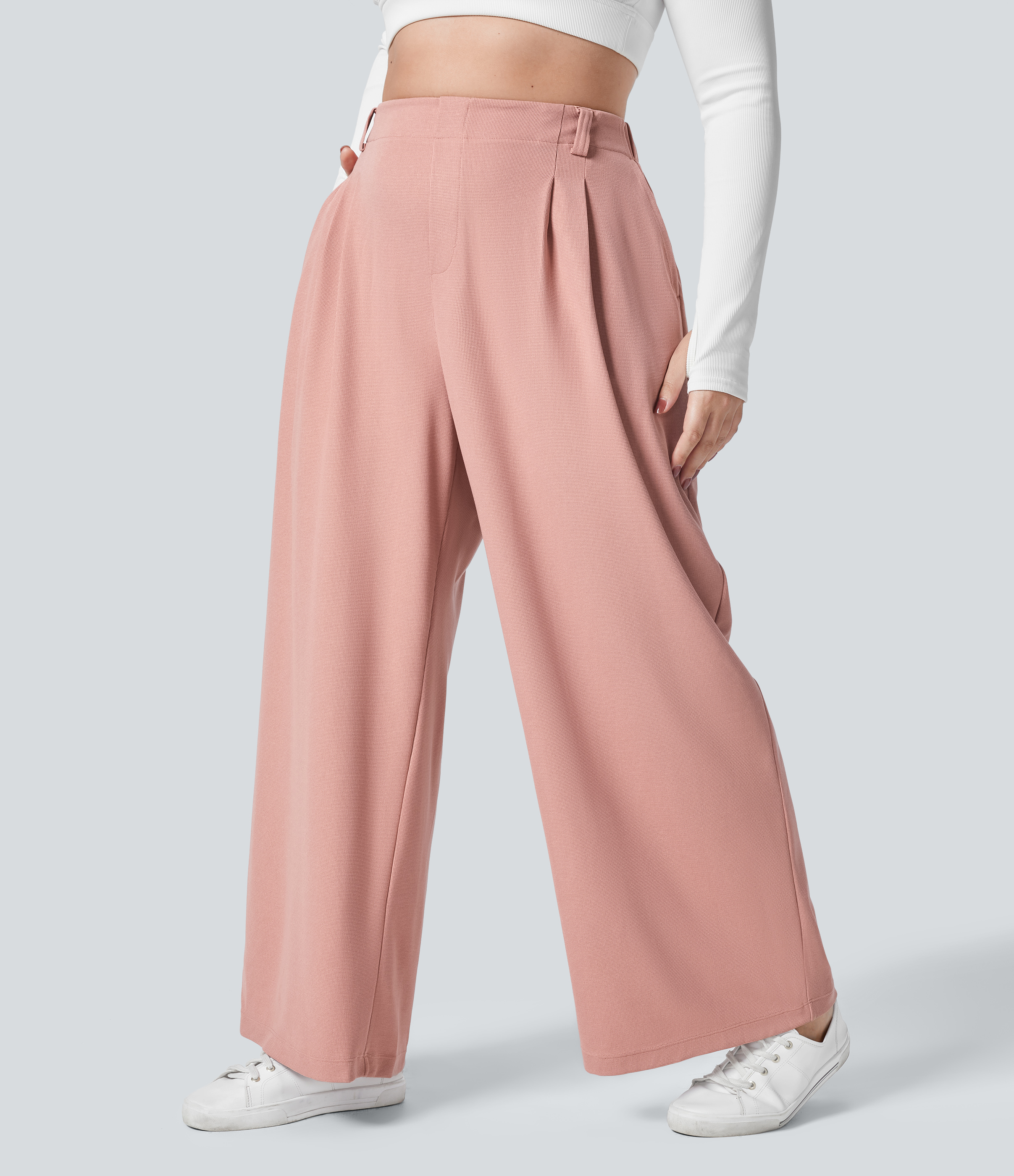Halara High Waisted Plicated Side Pocket Wide Leg Waffle Casual Plus Size Pants  - Rose Tan - 1X(regular) 