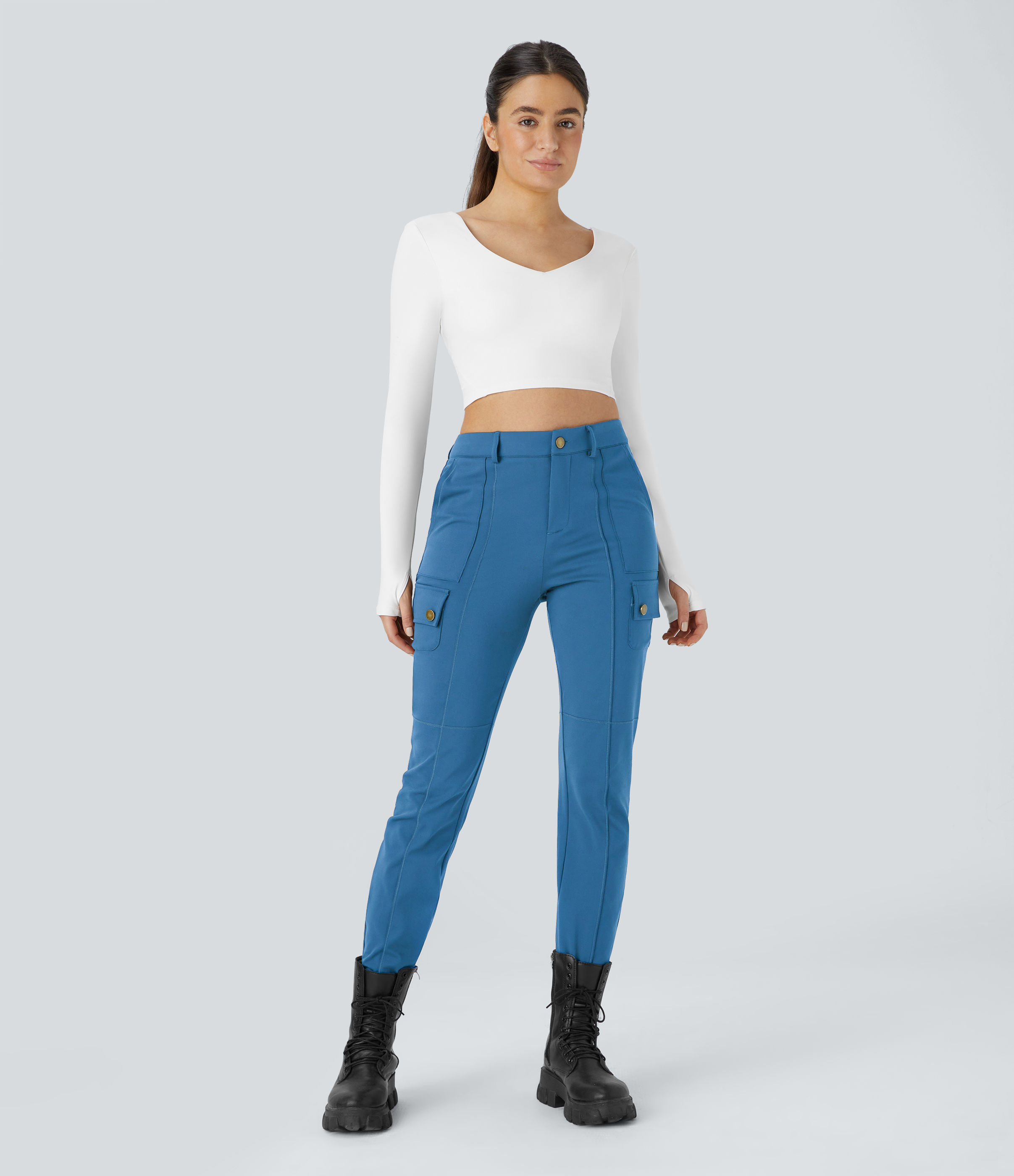 Halara High Waisted Button Zipper Multiple Pockets Solid Skinny Hiking Cargo Pants  - Gloomy Blue - XS(tall) 