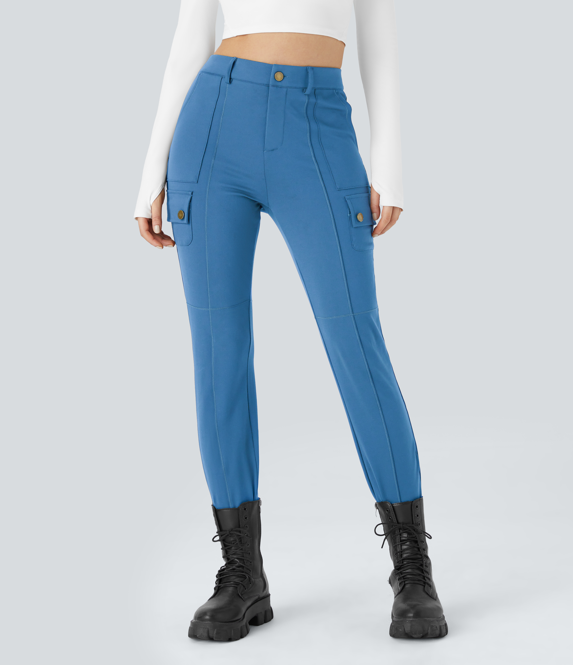 Halara High Waisted Button Zipper Multiple Pockets Solid Skinny Hiking Cargo Pants  - Gloomy Blue - XS(tall) 