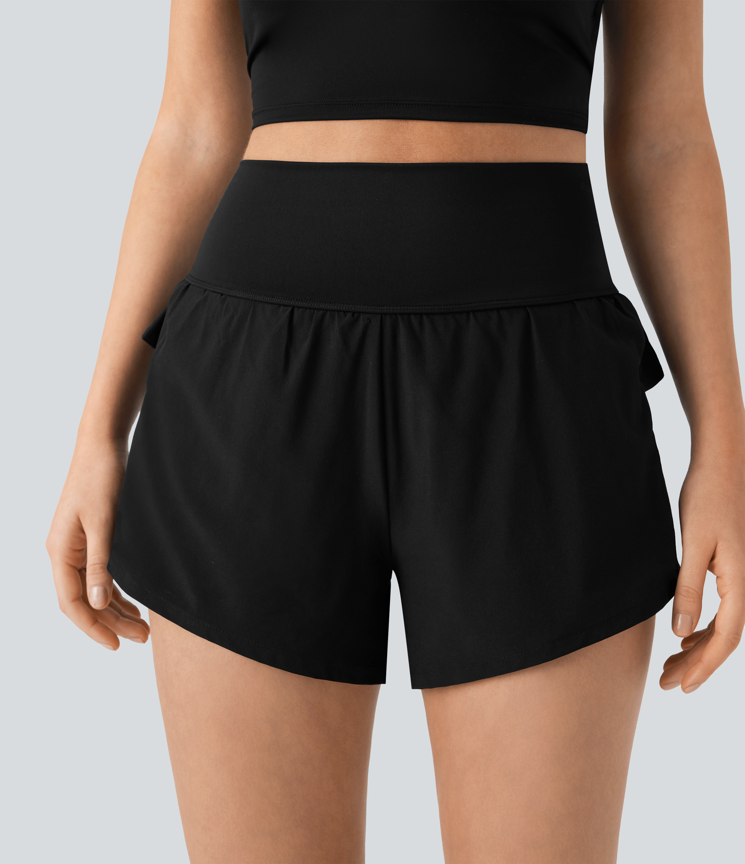 Halara Breezefulв„ў High Waisted Ruffle Contrast Mesh 2-in-1 Quick Dry Yoga Shorts Gym Short - Black - S booty shorts compression shorts 