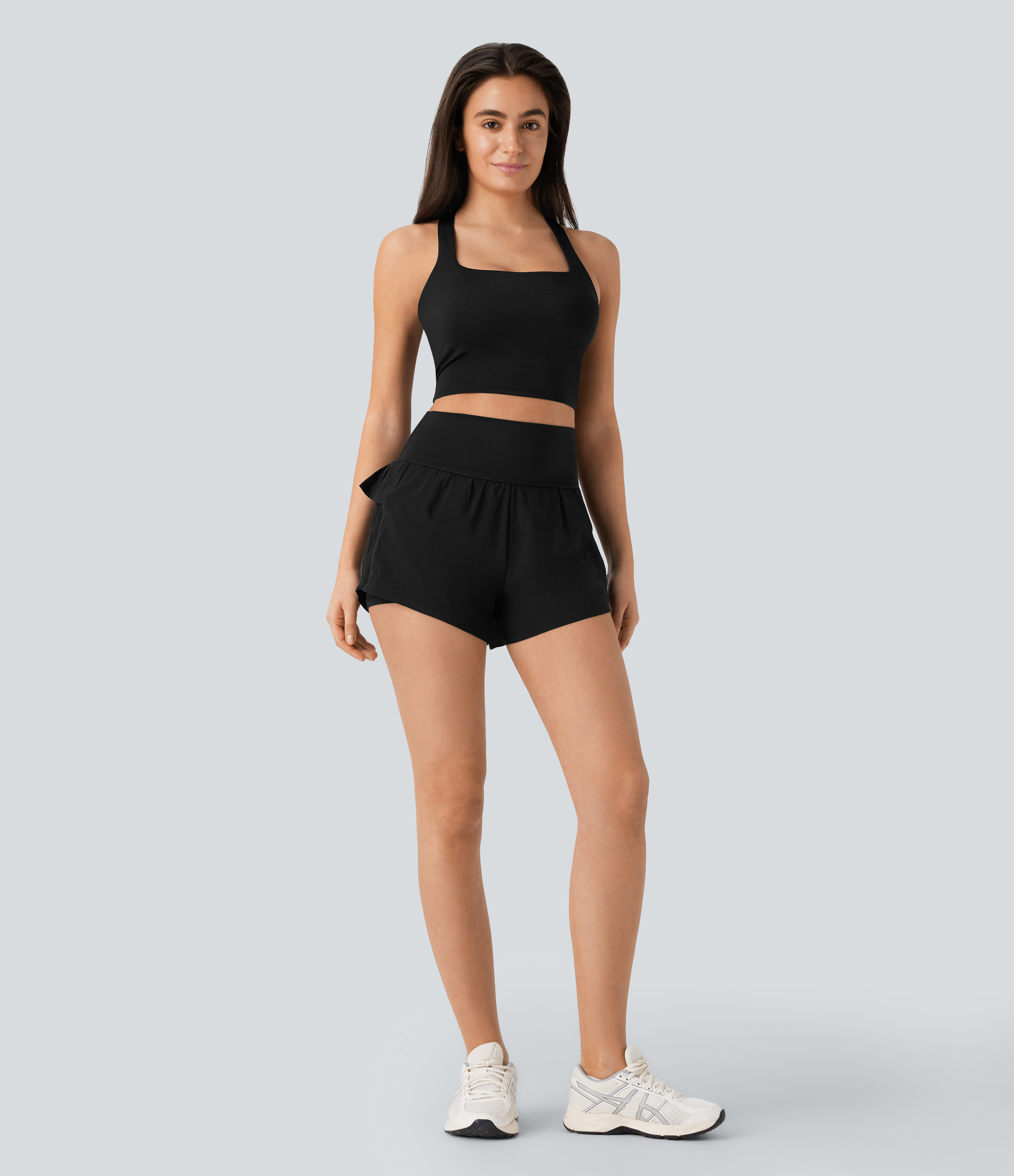 Halara Breezefulв„ў High Waisted Ruffle Contrast Mesh 2-in-1 Quick Dry Yoga Shorts Gym Short - Black - S booty shorts compression shorts 