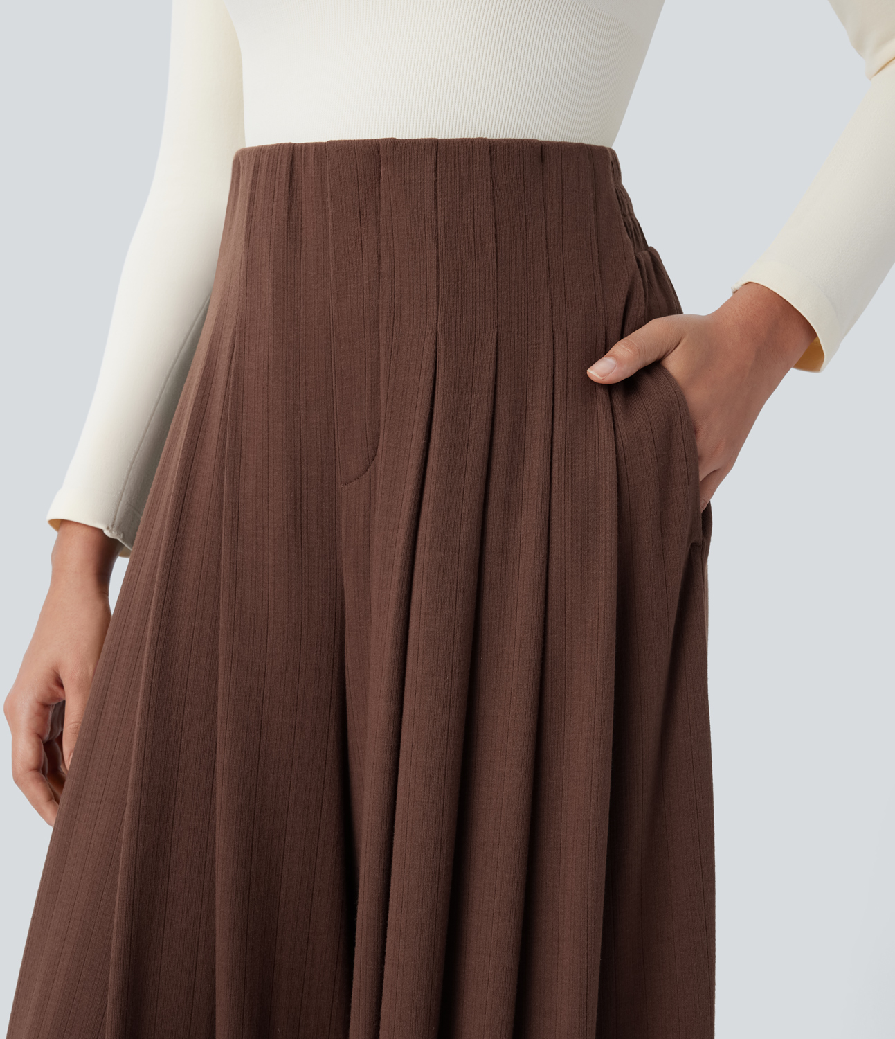 Halara High Waisted Pleated Side Pocket Flowy Wide Leg Casual Pants  - Chocolate Fondant - XL(regular) sweatpants jogger pants 