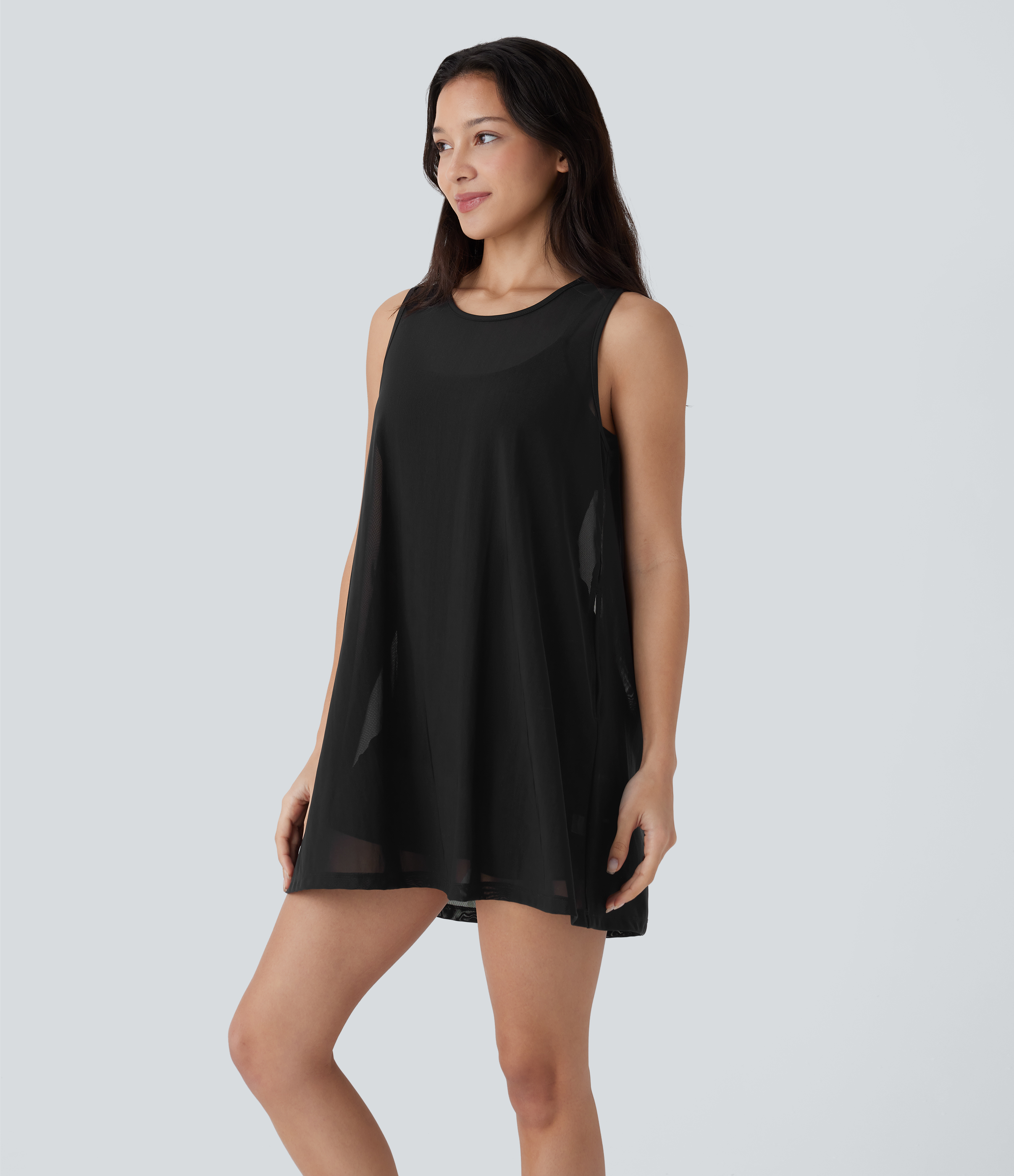Halara Sleeveless Side Pocket Mini 2-piece Set Mesh Yoga Active Dress-Easy Peezy Workout Dress - Black - XL 