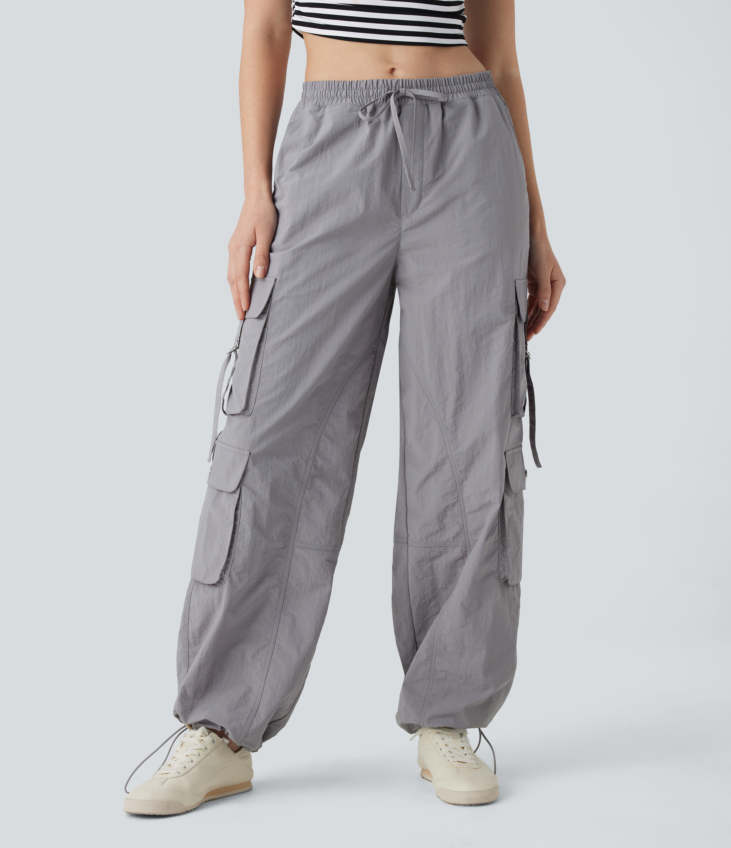 Halara Mid Rise Drawstring Multiple Pockets Adjustable Drawcord Baggy Casual Cargo Pants  - Wet Weather - L(regular) sweatpants jogger pants 