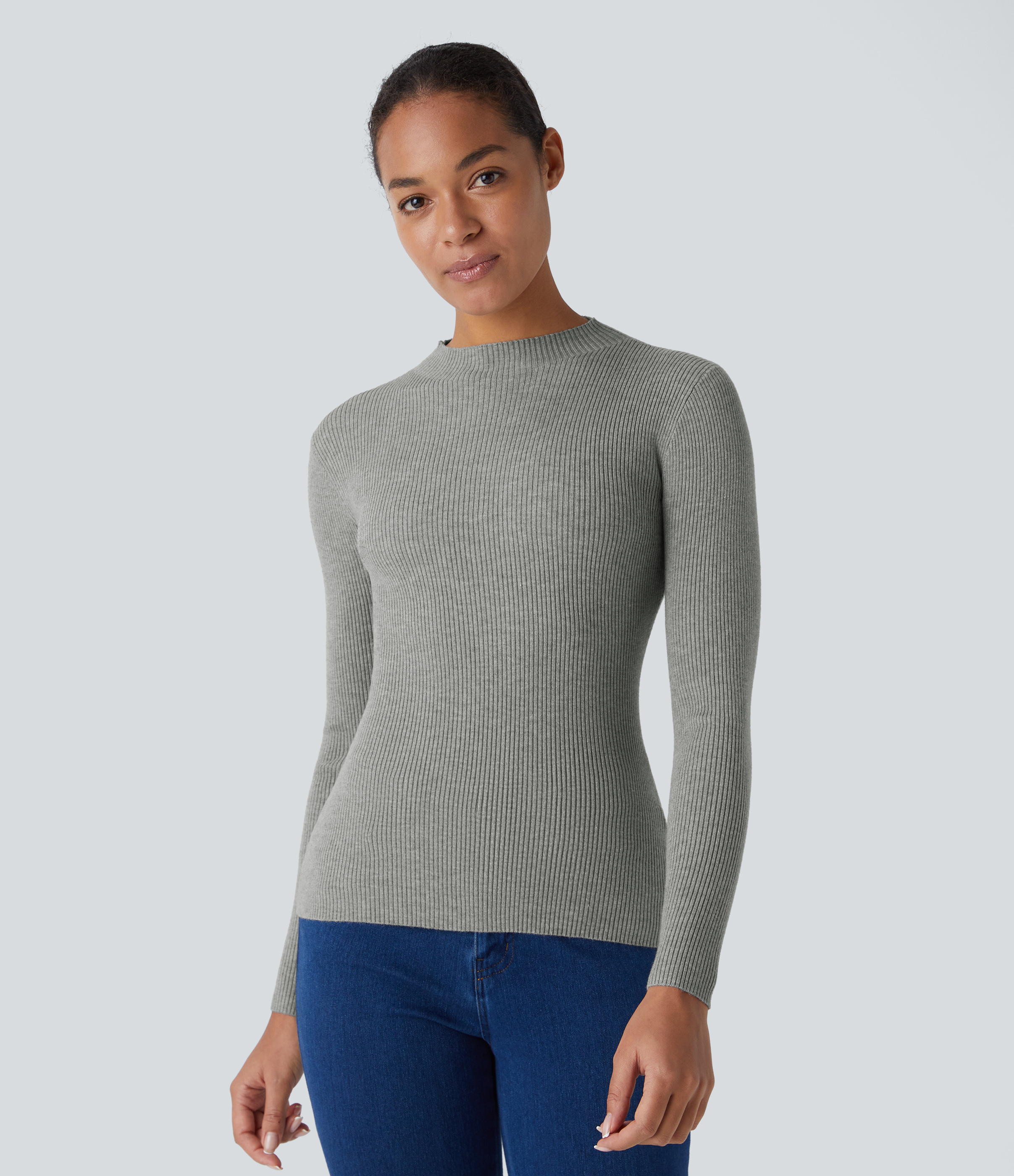 Halara Ribbed Knit Round Neck Long Sleeve Casual Sweater  - Mottled Grey - L 