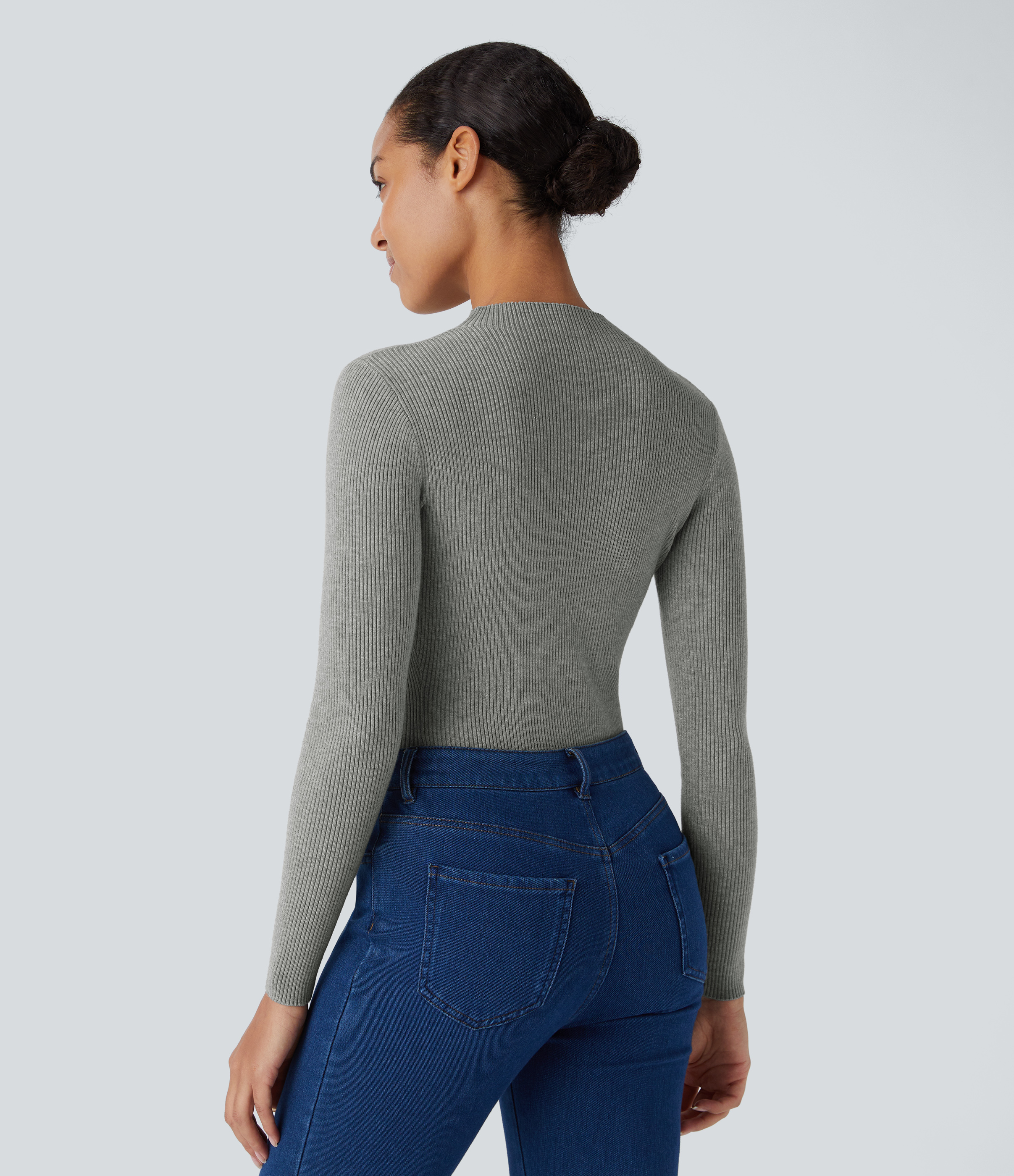 Halara Ribbed Knit Round Neck Long Sleeve Casual Sweater  - Mottled Grey - L 