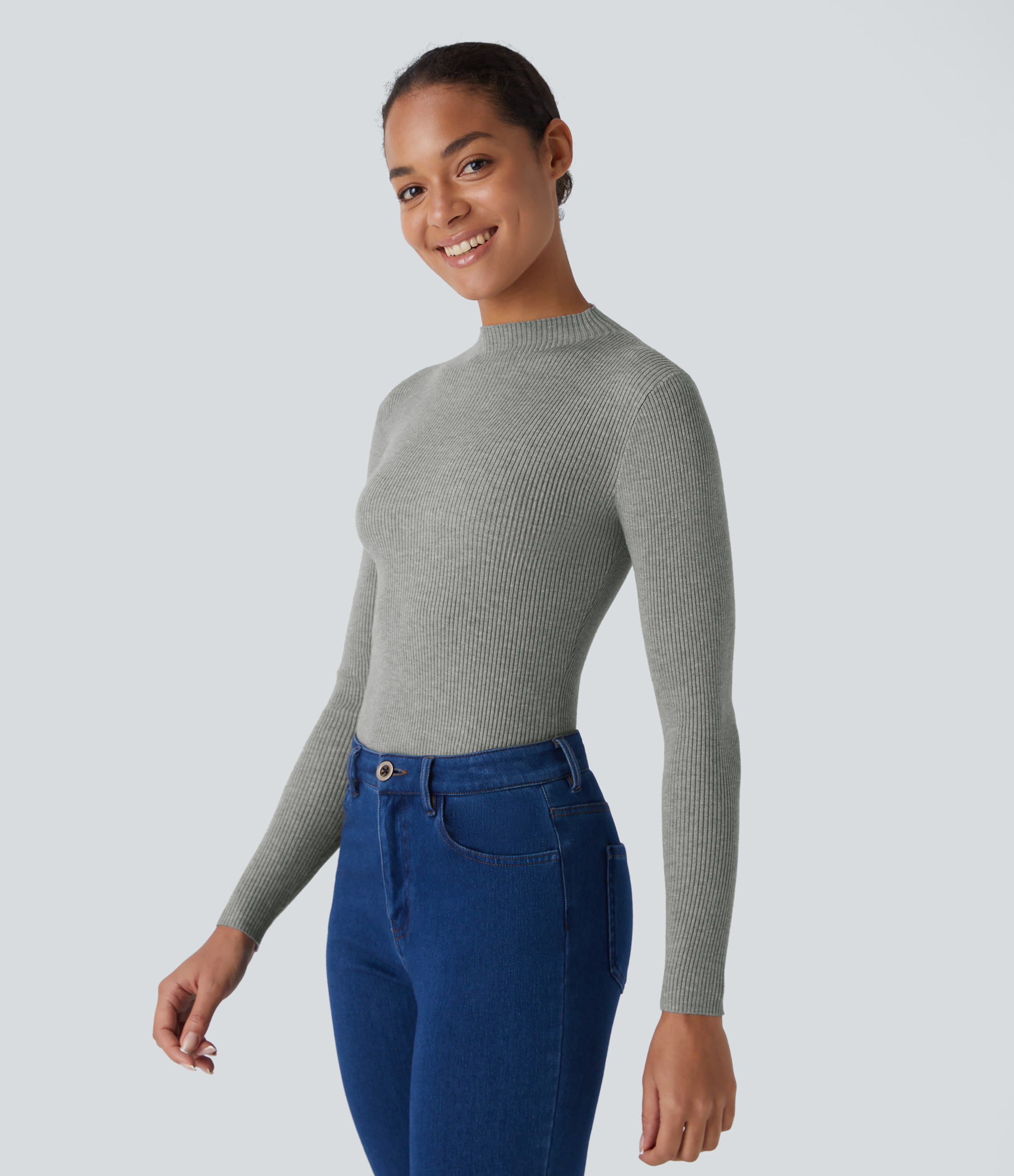 Halara Ribbed Knit Round Neck Long Sleeve Casual Sweater  - Mottled Grey - L 