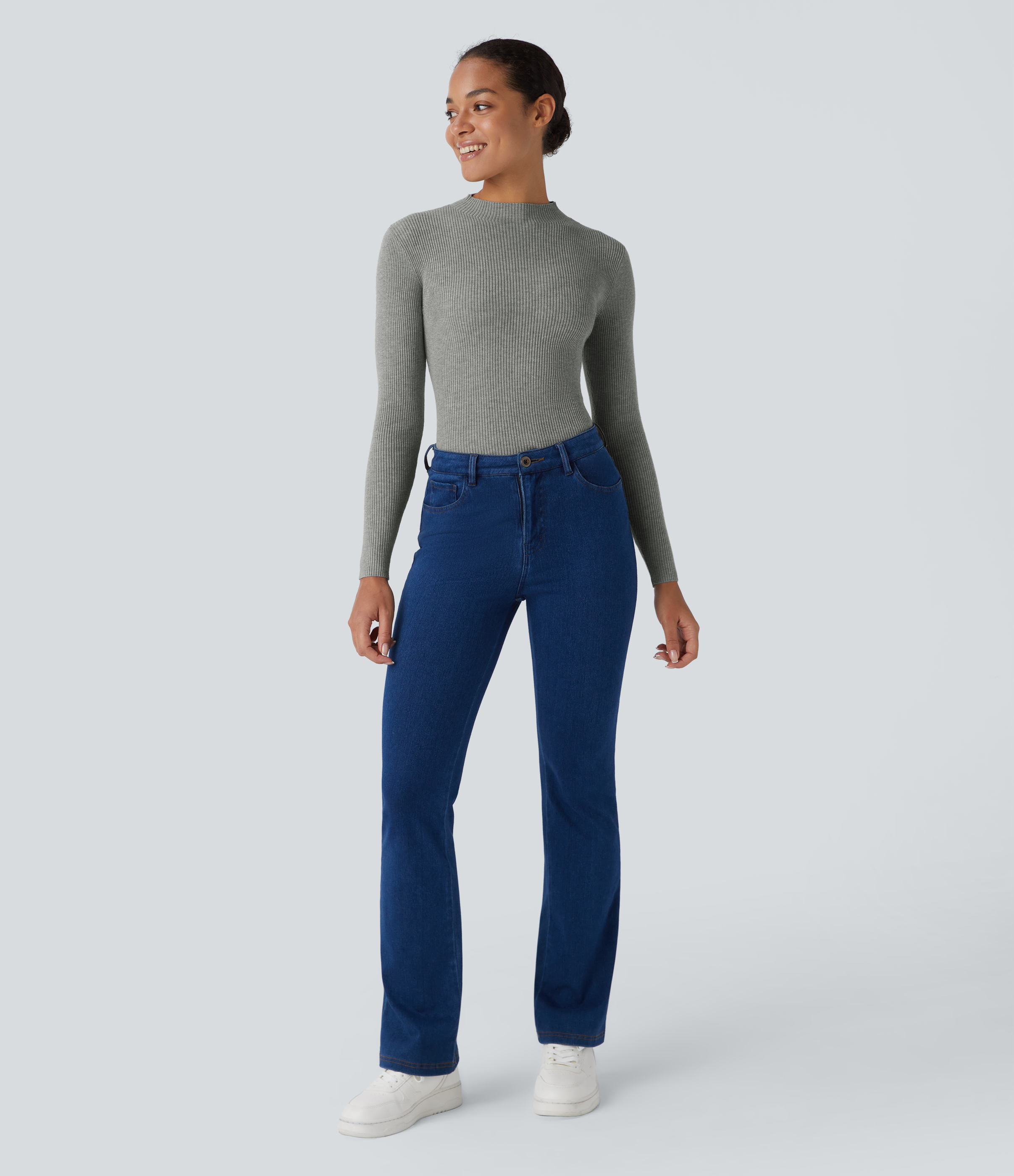 Halara Ribbed Knit Round Neck Long Sleeve Casual Sweater  - Mottled Grey - L 
