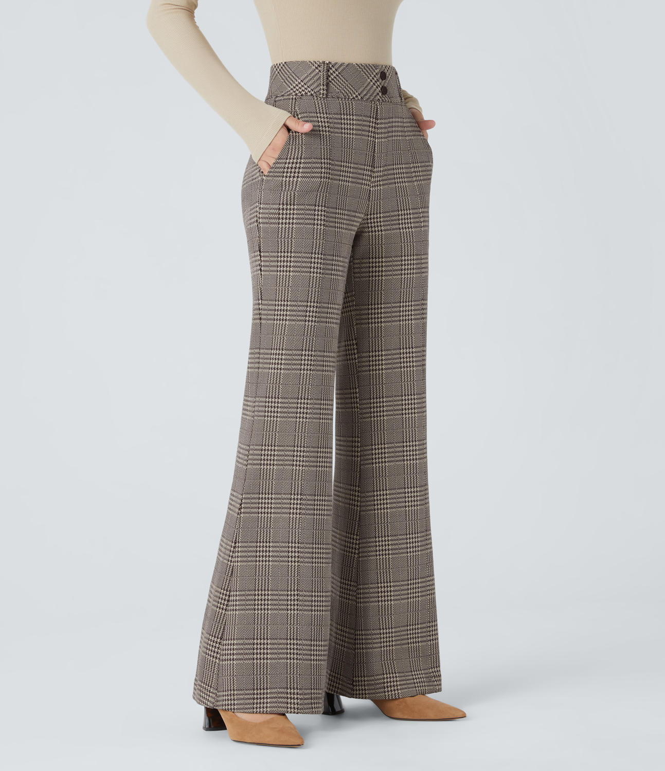 Halara HalaraFlexв„ў High Waisted Decorative Button Side Pocket Houndstooth Plaid Work Flare Pants  - Brown Houndstooth Plaid - L(regular) 