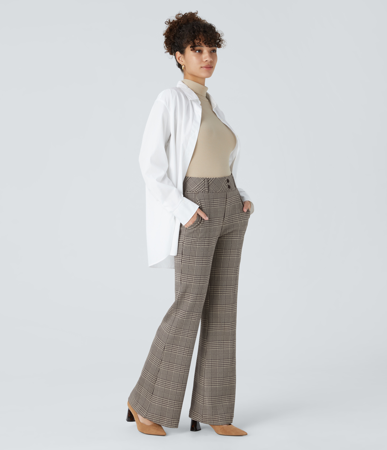 Halara HalaraFlexв„ў High Waisted Decorative Button Side Pocket Houndstooth Plaid Work Flare Pants  - Brown Houndstooth Plaid - L(regular) 