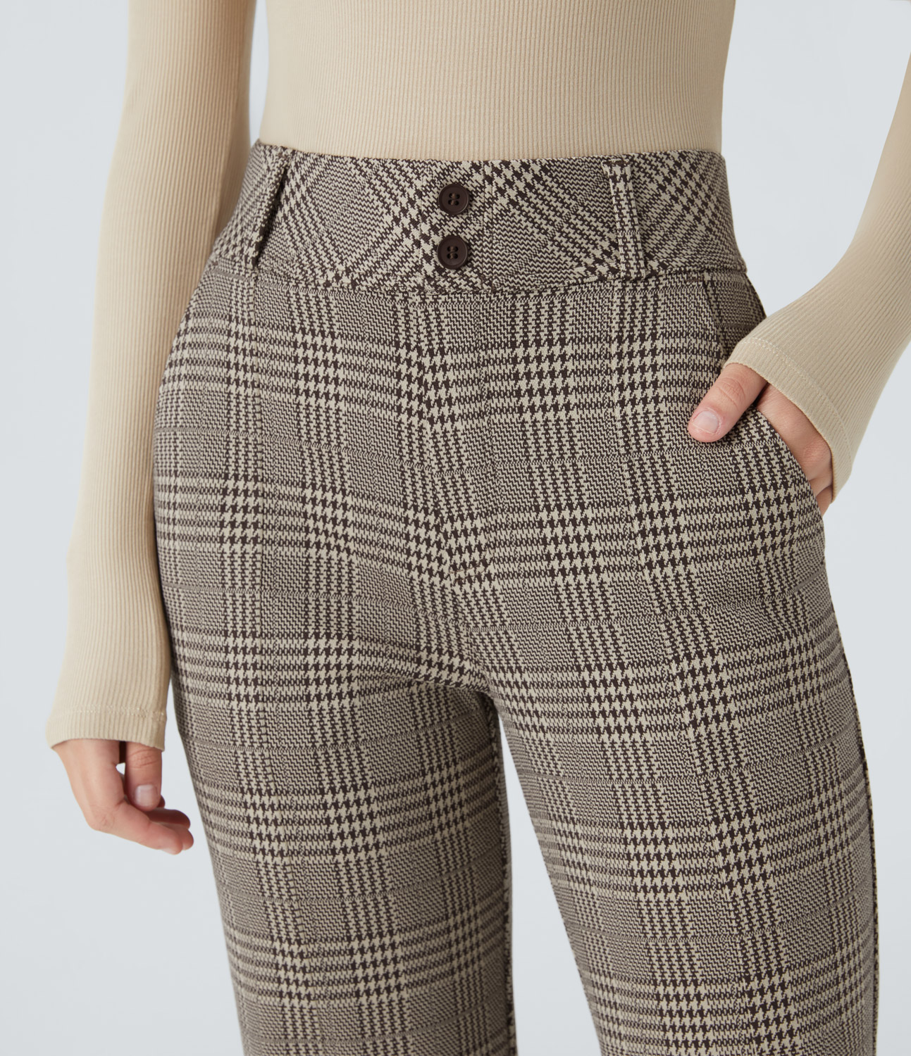 Halara HalaraFlexв„ў High Waisted Decorative Button Side Pocket Houndstooth Plaid Work Flare Pants  - Brown Houndstooth Plaid - L(regular) 