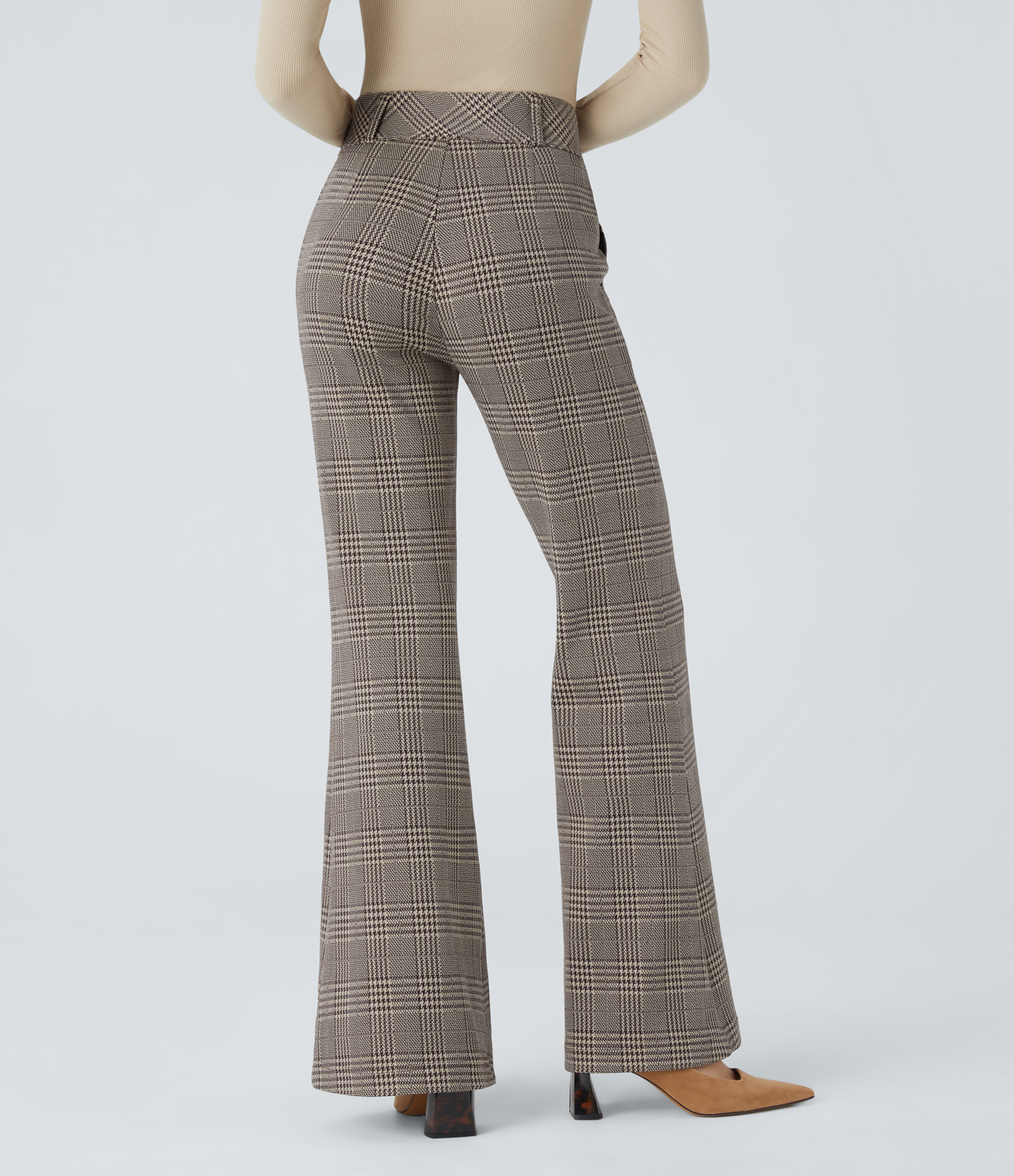 Halara HalaraFlexв„ў High Waisted Decorative Button Side Pocket Houndstooth Plaid Work Flare Pants  - Brown Houndstooth Plaid - L(regular) 