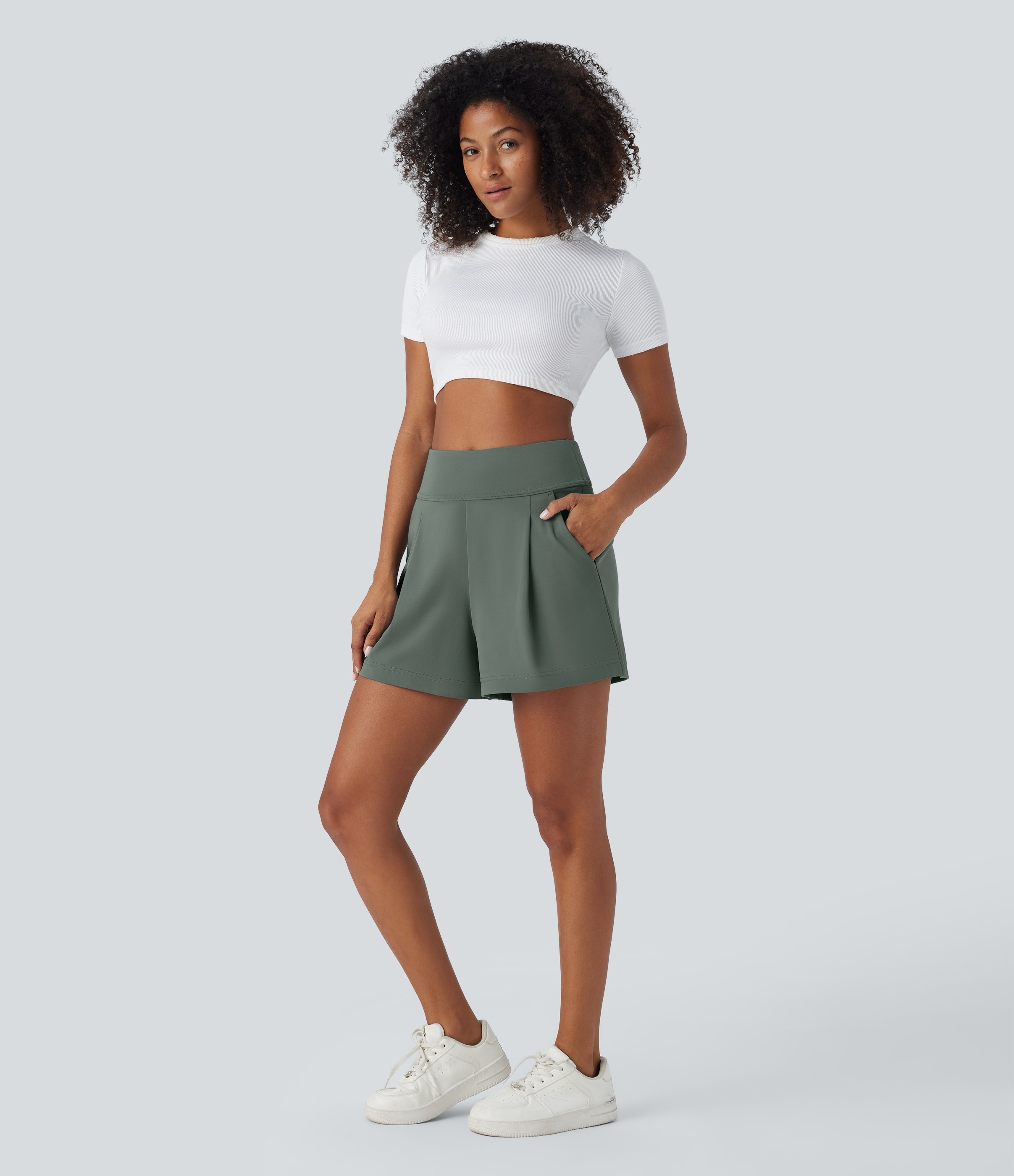 Halara High Waisted Plicated Side Pocket Wide Leg Work Shorts  - Deep Aquamarine - S 