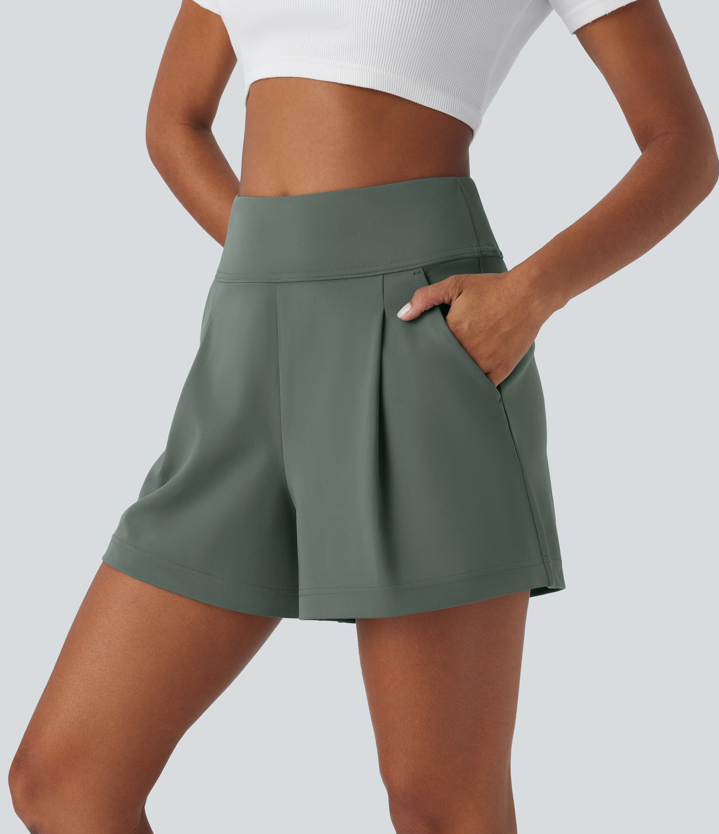 Halara High Waisted Plicated Side Pocket Wide Leg Work Shorts  - Deep Aquamarine - S 