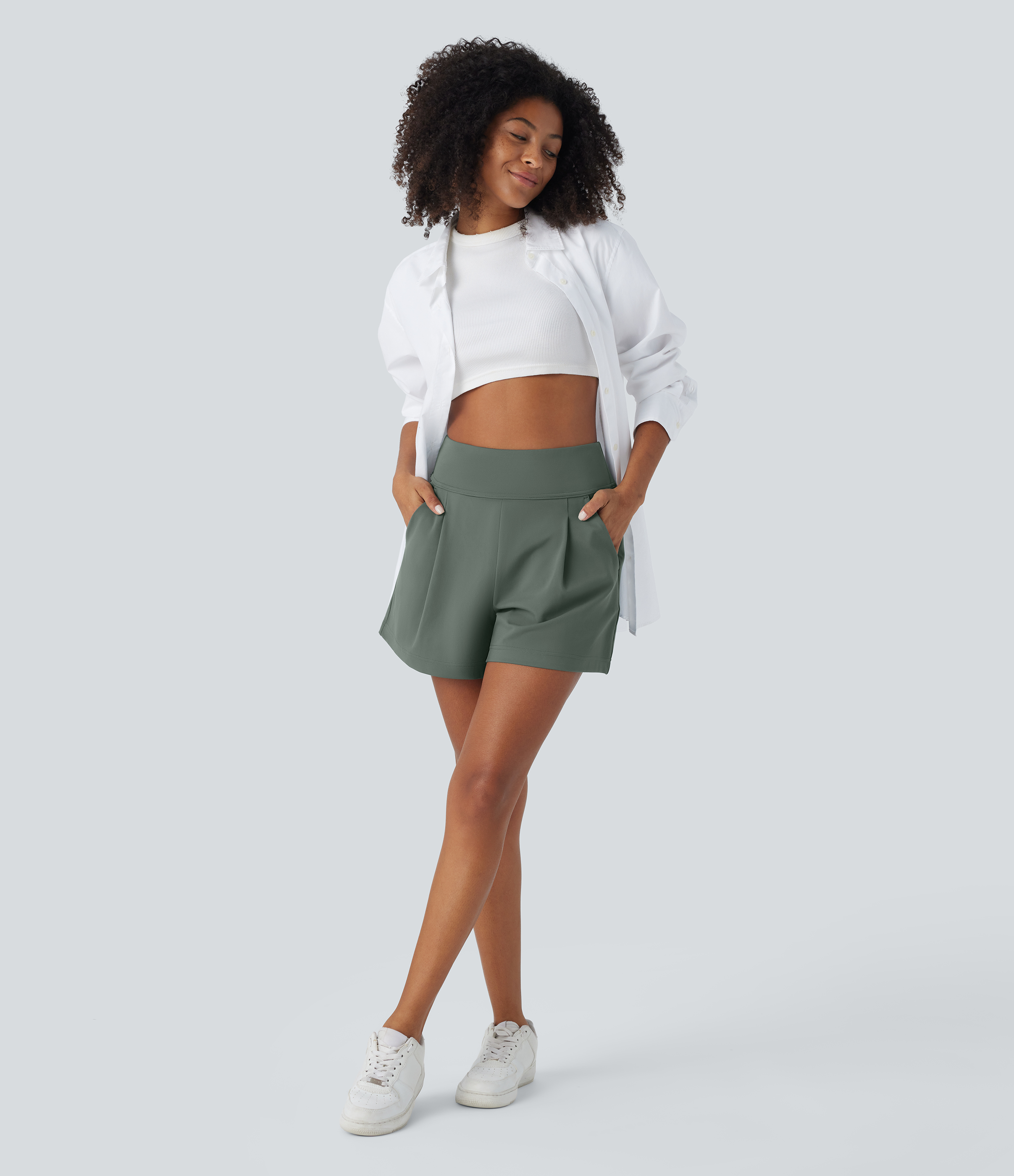 Halara High Waisted Plicated Side Pocket Wide Leg Work Shorts  - Deep Aquamarine - S 
